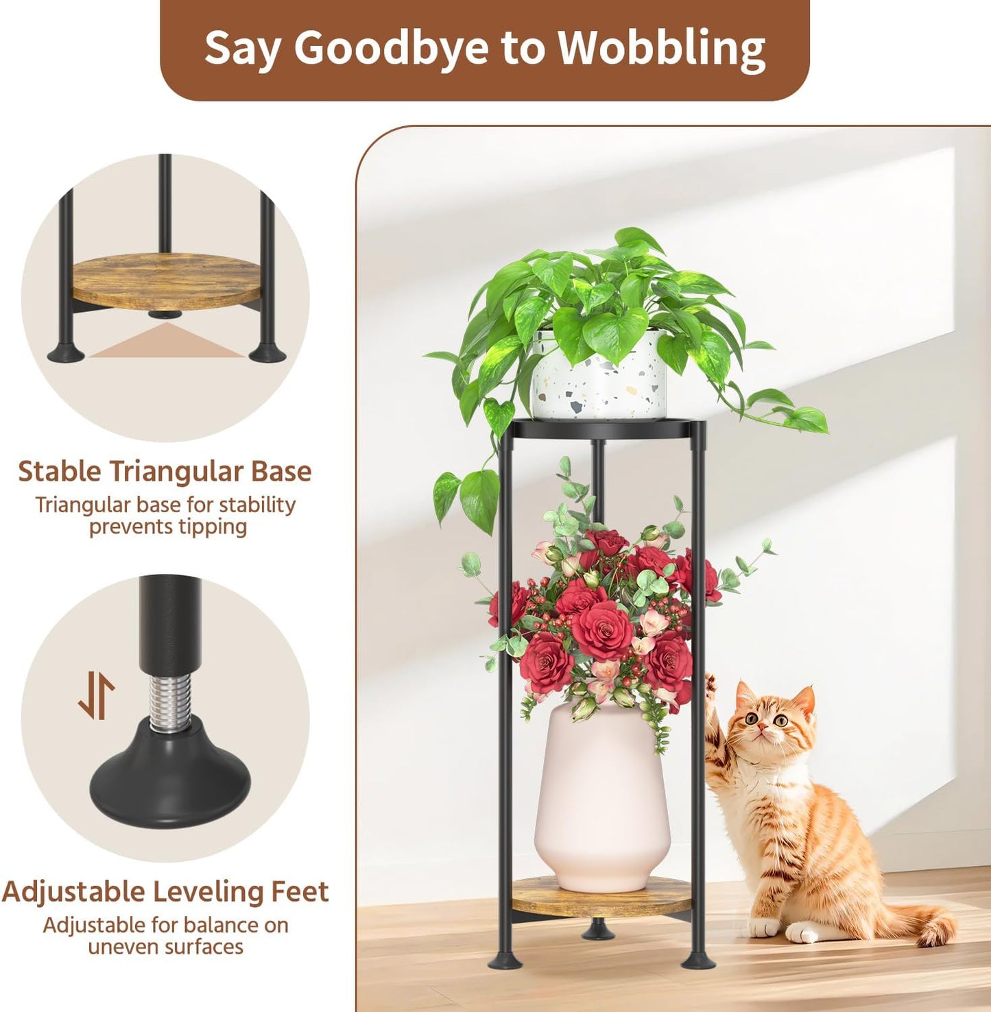 LASZOLA 2 Tier Black Plant Stand Indoor for Large Tall Heavy Duty Flower Planter, Metal Vertical Multi Level Rack for Narrow Floor Corner, Sturdy Round Holder Organizer, Modern, Mid Century, Farmhouse