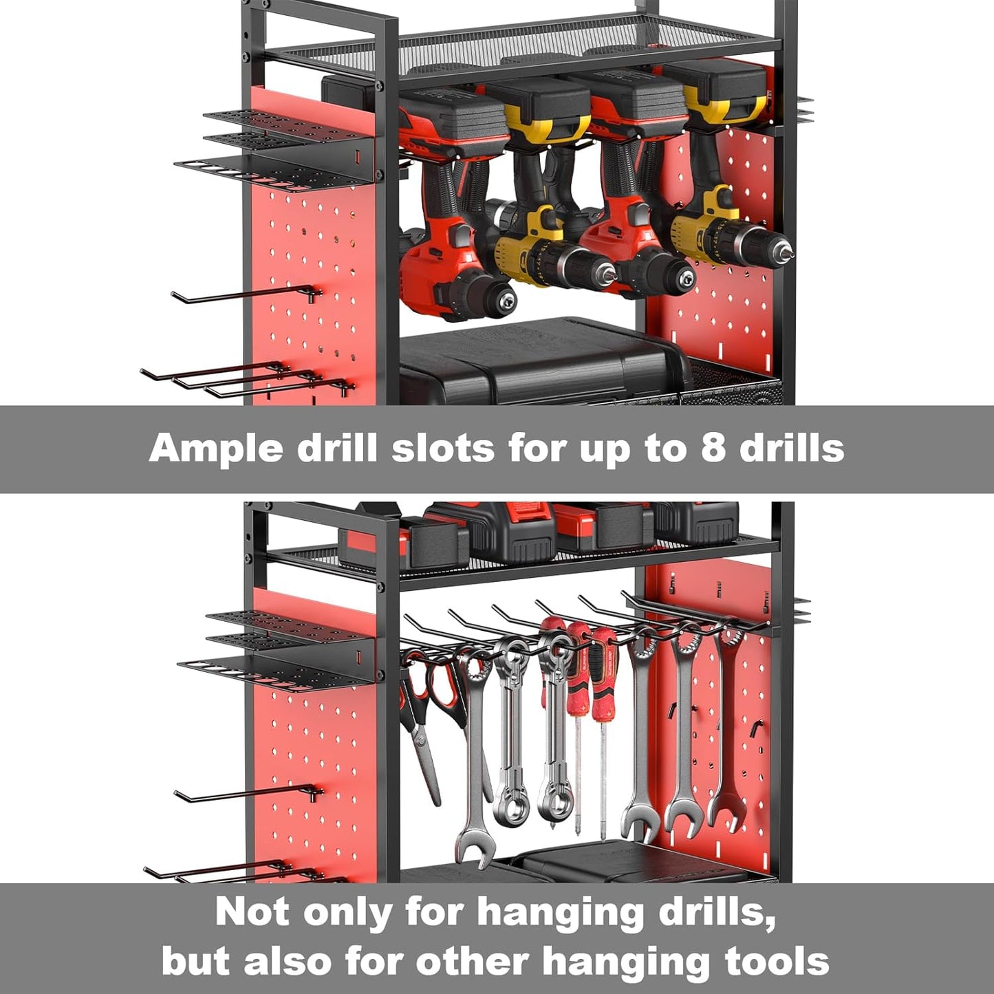 CCCEI Garage Power Tools Organizer Cart with Charging Station, Red Floor Standing Rolling Drill and Tools Battery Storage Cart on Wheels. Utility Rack Gift for Men, Husband, Father.