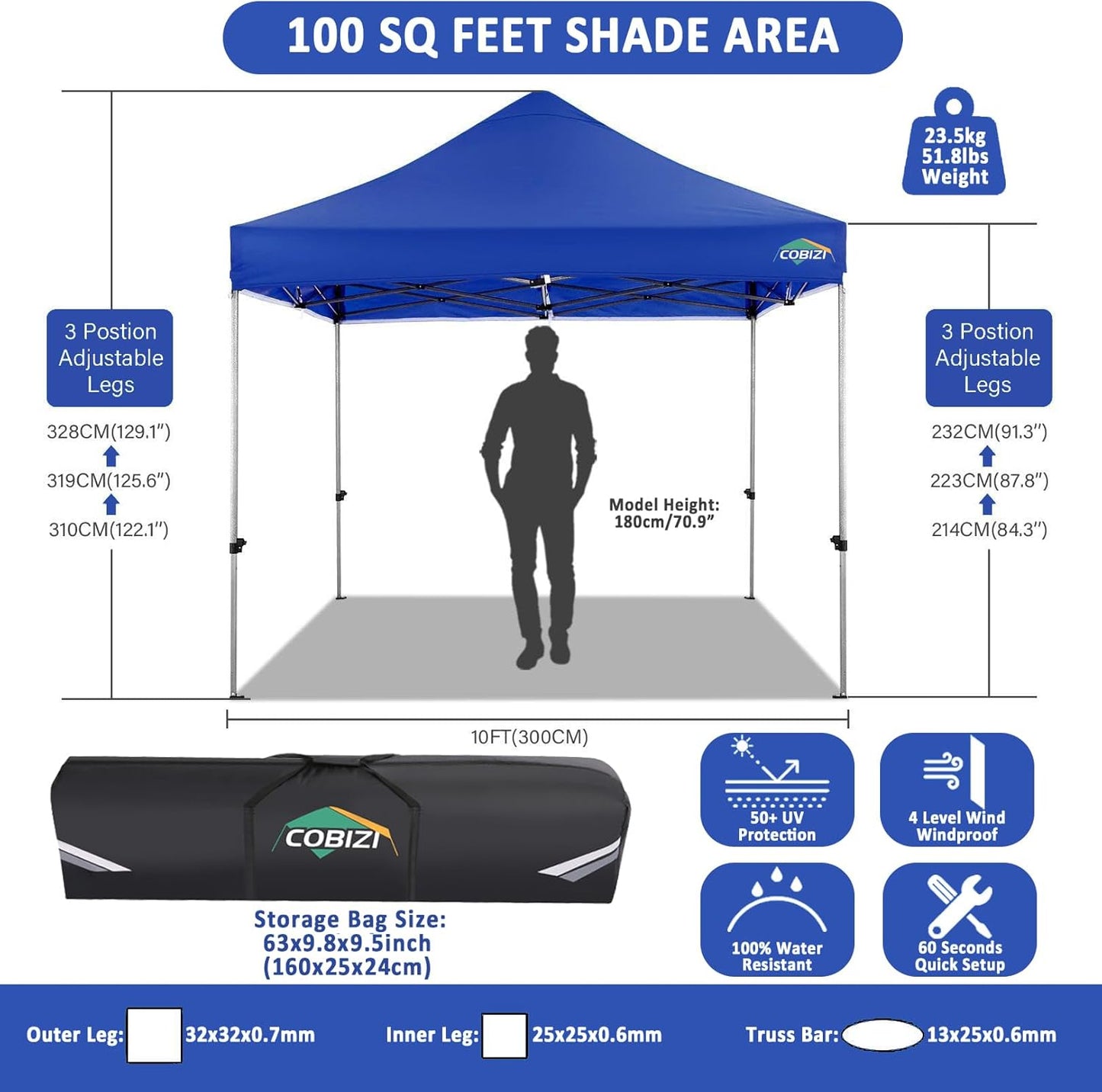 COBIZI 10x10 Pop Up Canopy Without Sidewall,Heavy Duty Canopy UPF 50+ All Season Wind Waterproof Commercial Outdoor Wedding Party Tents for Parties Gazebo with Carry Bag(10 x 10 ft Dark Blue)