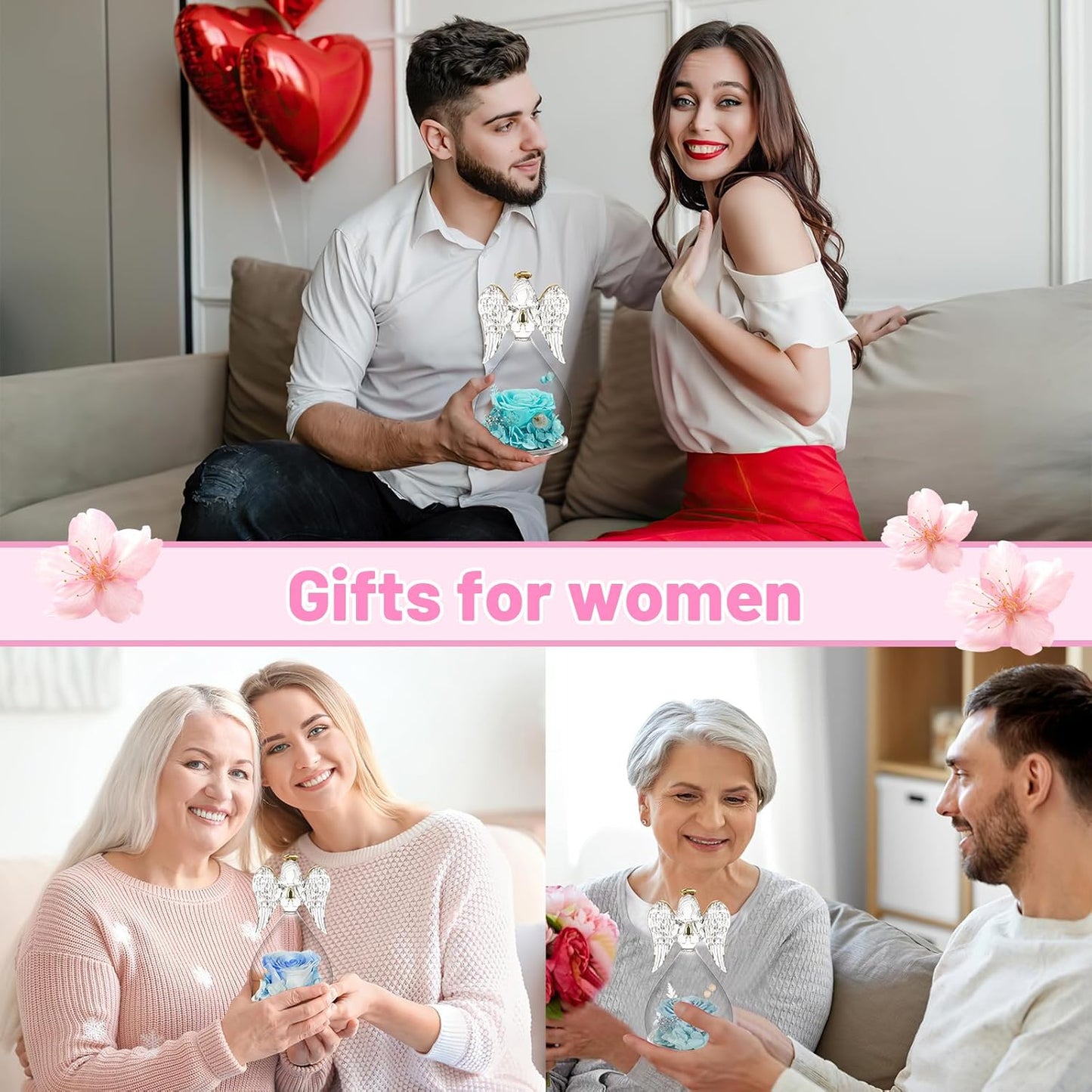 Yamonic Mom Birthday Gifts for Mom, Glass Angel Figurines Forever Real Rose Gifts for Her Women Grandma, Preserved Rose Angel Figurine for Mothers Day Birthday Gifts for Moms from Daughter(Pale Blue)