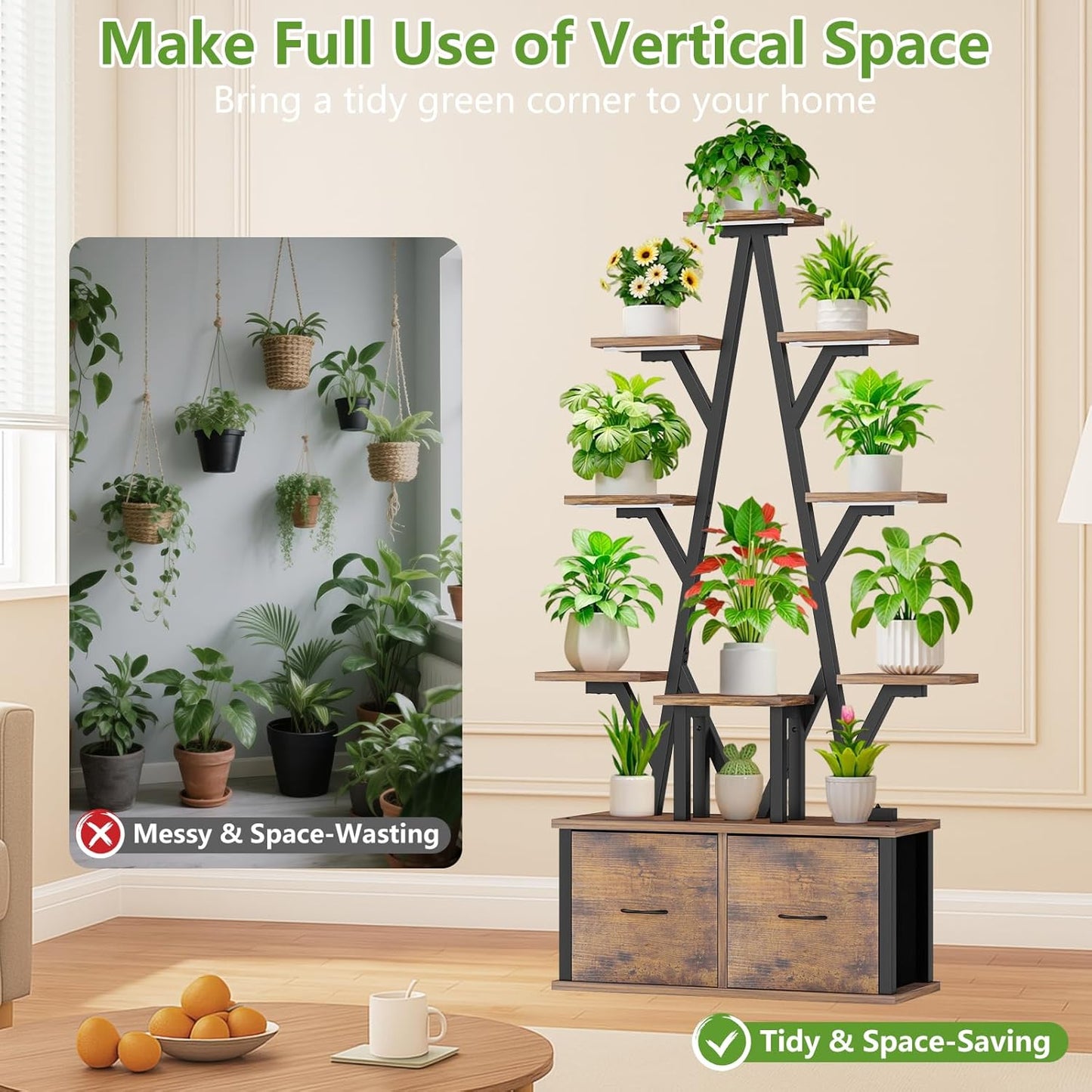 Plant Stand Indoor with Grow Lights - 10 Tiered Plant Shelf with 2 Removable Drawers, 65" Tall Plant Shelf with Grow Light Holds 13 Pot Plants, Christmas Tree Shaped Plant Stand for Home, Living Room