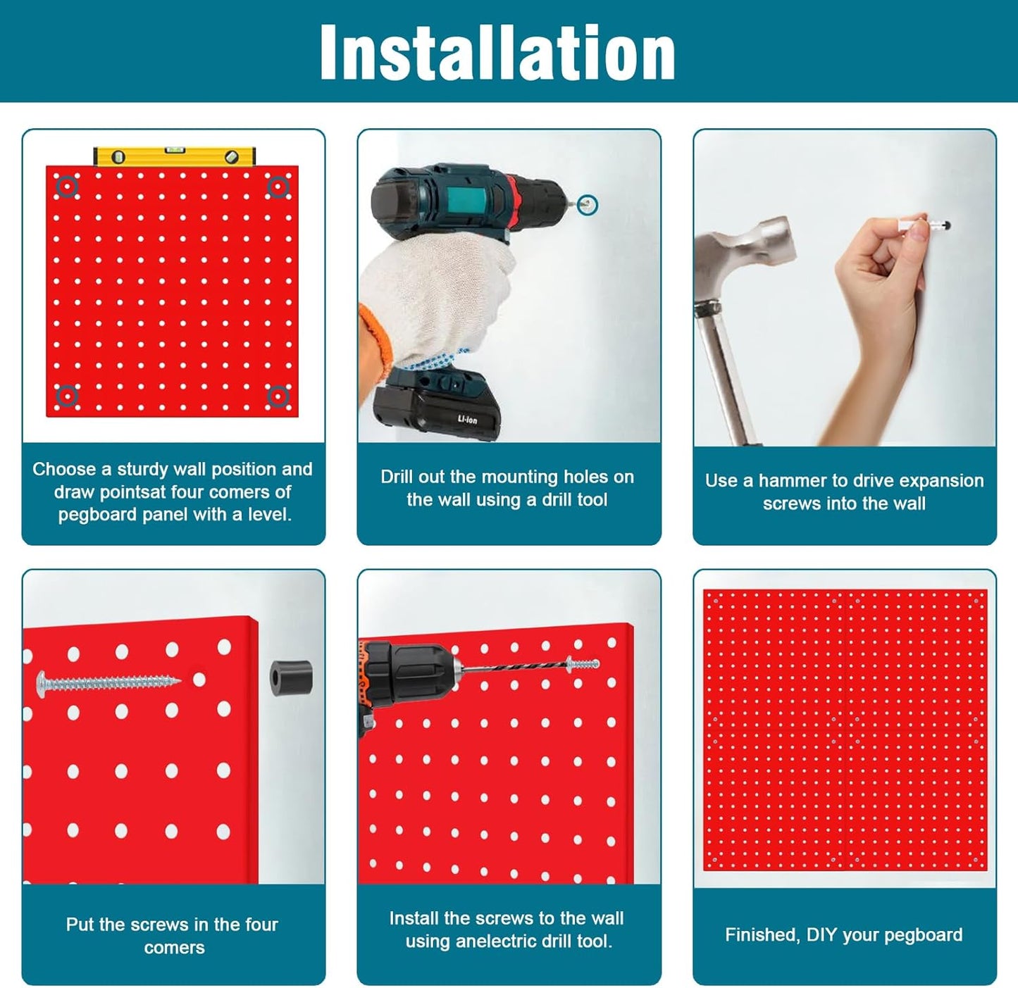 4 Pack Steel Peg Board,Universal 1/8 and 1/4 Pegboard Accessories,Ideal for Garage Tool Storage, Office Organization, Craft Room, Kitchen etc. (Red, 4-12X12)