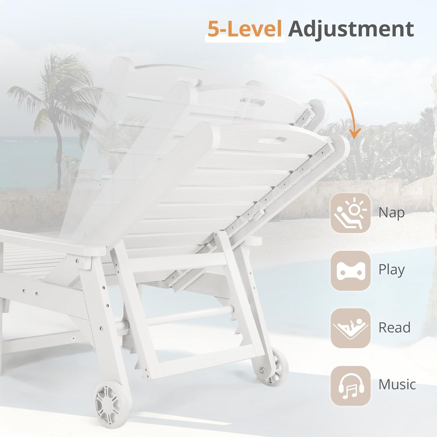 LUE BONA Chaise Lounge Chair with Table, 2-Piece, 79'' Oversized HDPS Chaise Lounger, 5 Positions Adjustable Lounge Chairs, Pool Lounge Chair with Wheels for Poolside, Backyard, 3 Year Warranty, White