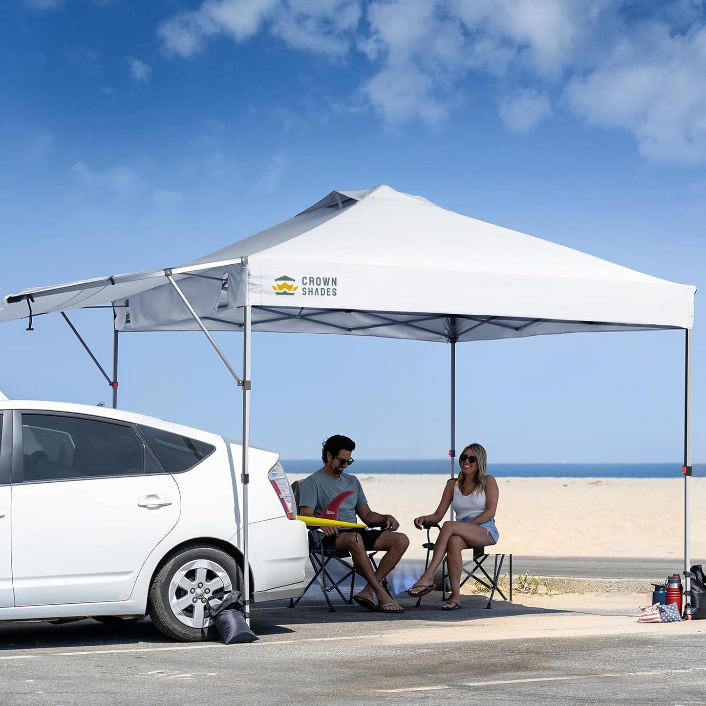 CROWN SHADES 10x10 Pop up Canopy Tent Patended Centerlock Instant Commercial Canopy with 150D Silver Coated Fabric Including 2 Extend Awnings, 4 Ropes, 8 Stakes, 4 Weight Bags (White, 10x14)