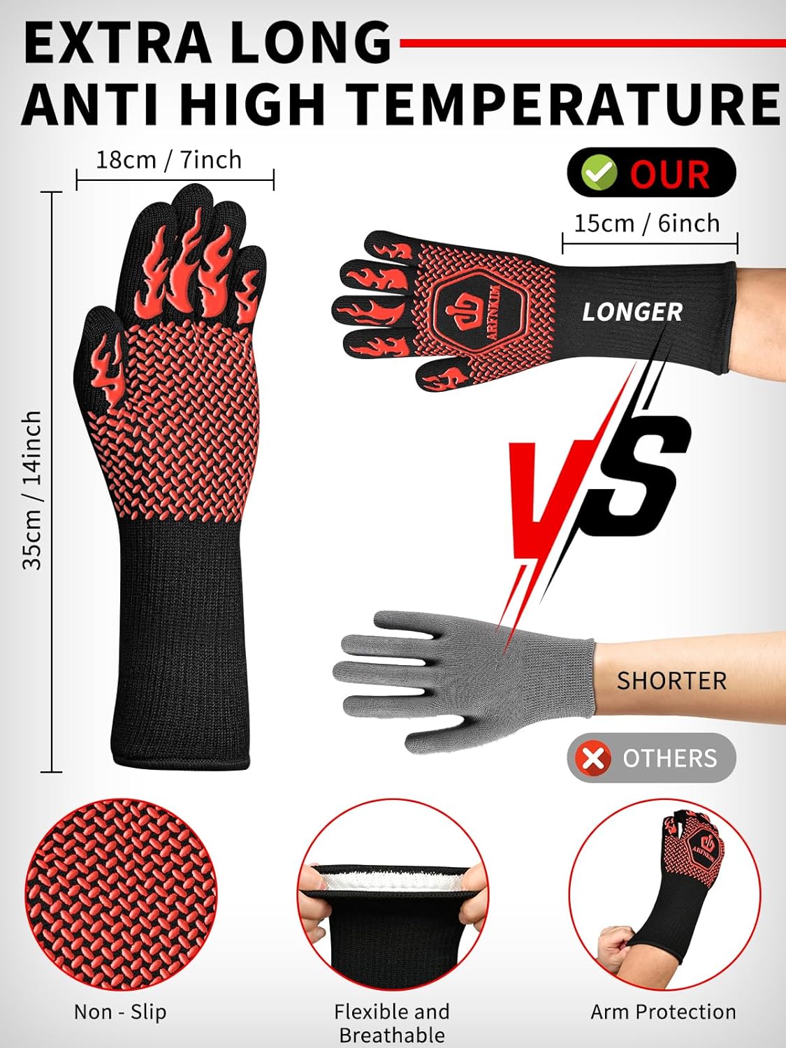 BBQ Oven Gloves, 1472℉ 3-Layers Heat Resistant Oven Mitts Silicone Non-Slip Cooking Gloves for Barbecue, Grilling, Baking, Welding, Smoker (A Pair) (Red)