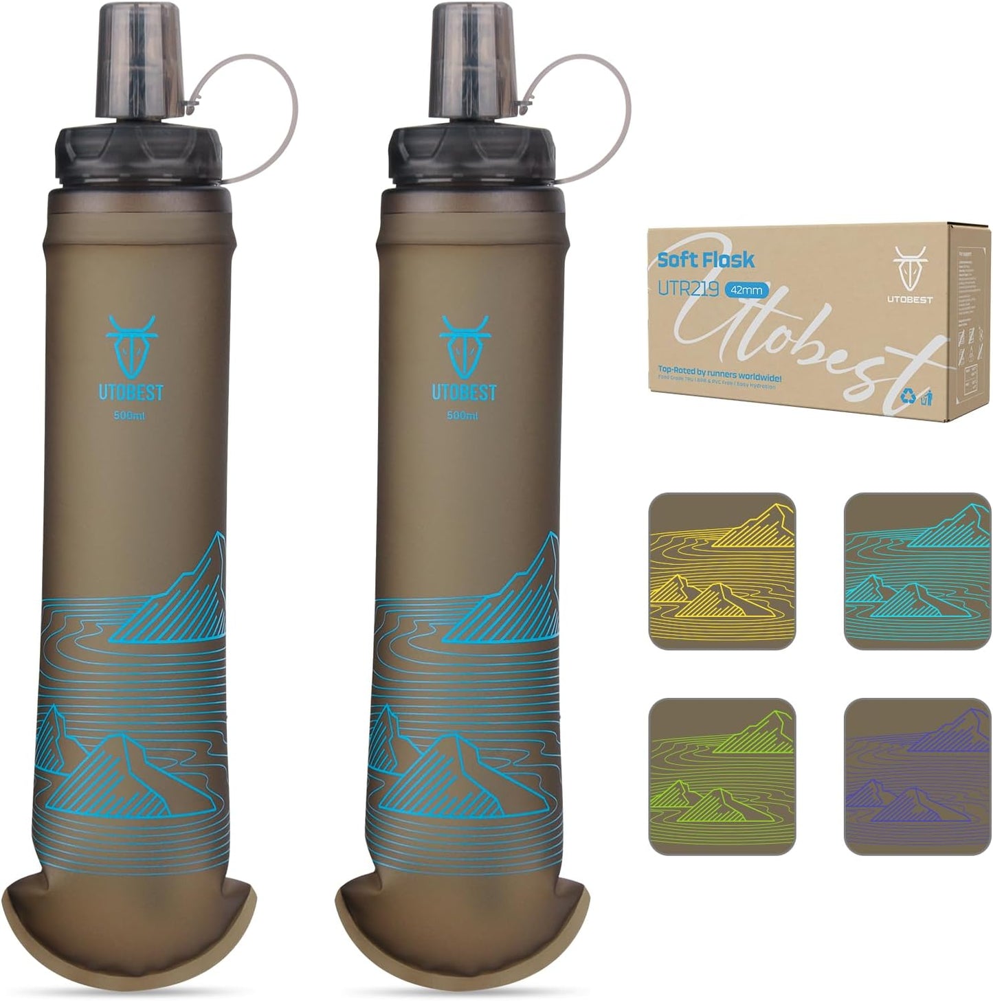 UTOBEST 500ml Soft Flask, 2 Pack Flexible TPU Hydration Water Bottle, Collapsible with 42mm Caliber for Running, Hiking, Cycling, Climbing, and Marathon Blue