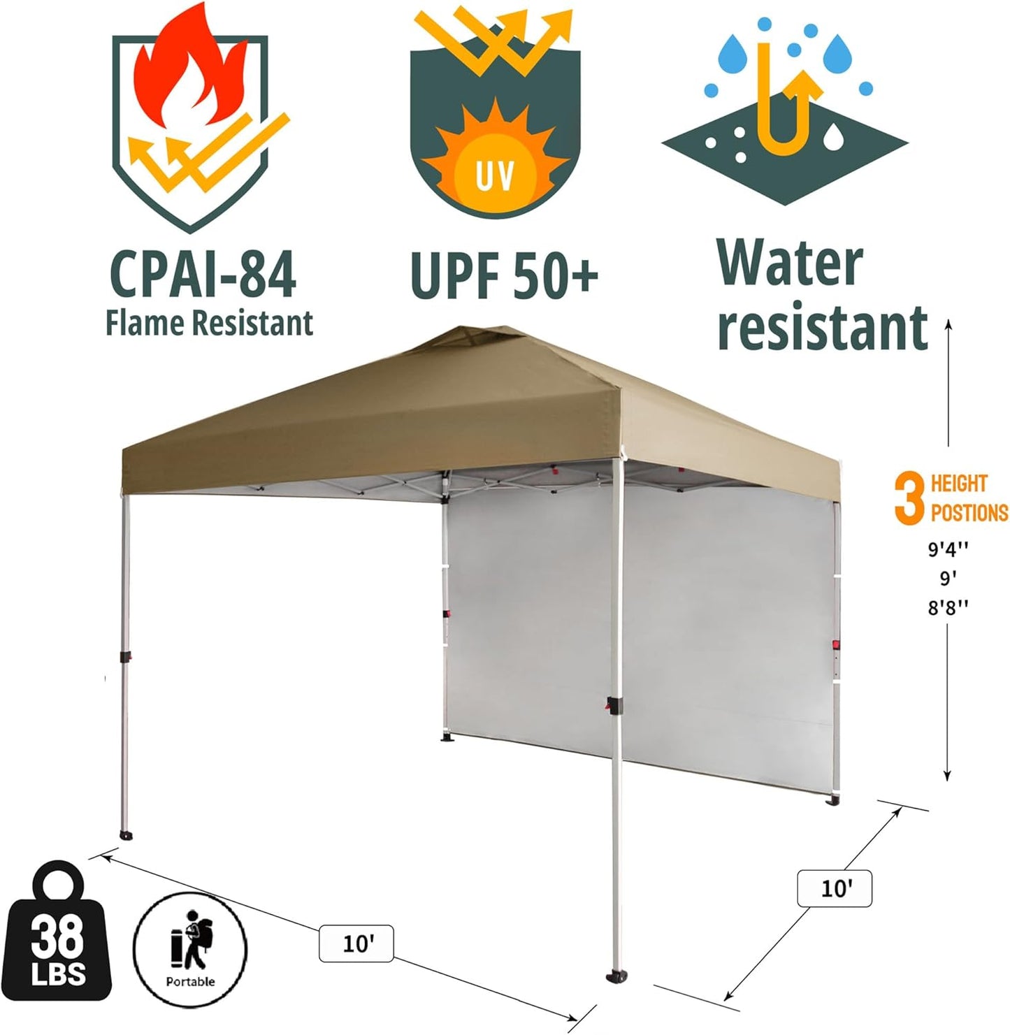 CROWN SHADES 10x10 Pop Up Canopy with 1 Side Wall - Beach Tent with One Push Setup - Outdoor Sun Shade for Events, Parties, Camping - Gazebo with STO-N-Go Cover Bag (Beige)