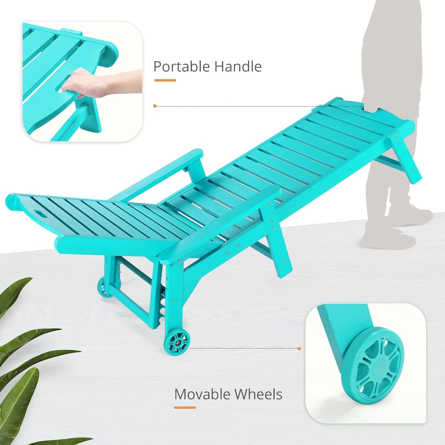 LUE BONA Chaise Lounge Chair with Table, 2-Piece, 79'' Oversized HDPS Chaise Lounger, 5 Positions Adjustable Lounge Chairs, Pool Lounge Chair with Wheels for Poolside, 3 Year Warranty, Aruba Blue