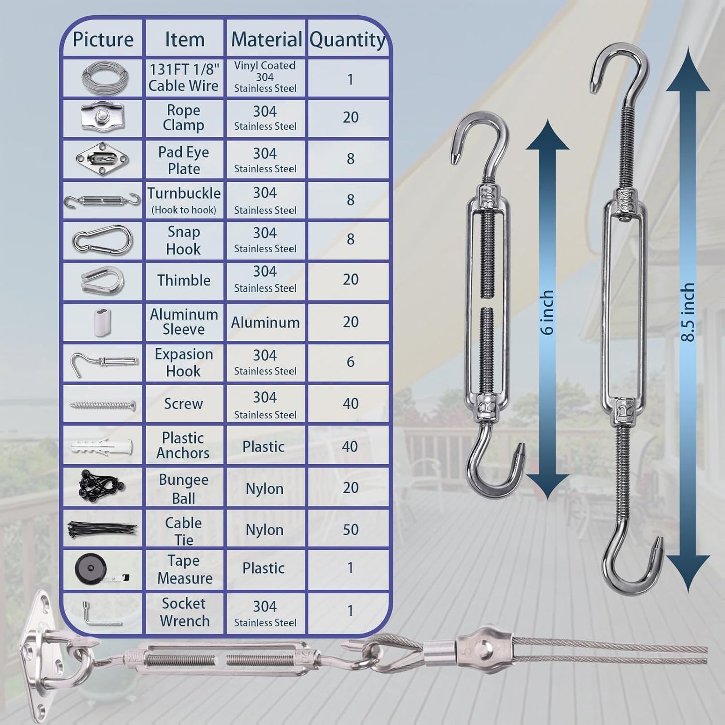 Shade Sail Hardware Kit 6 inch with 131FT 1/8" Wire Rope Kit for Triangle Rectangle Sun Shade Sail Outdoor Installation turnbuckles for Cables Wire for Outdoor,Garden,Kitchen,Craft,243PCS