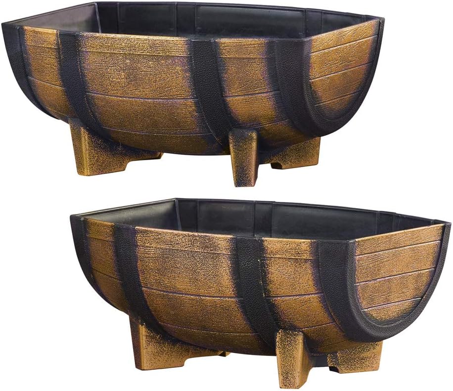 Collections Etc Rustic Half Barrel Planters - Set of 2, Weather Resistant Decorative Accent with Removable Drain Screen