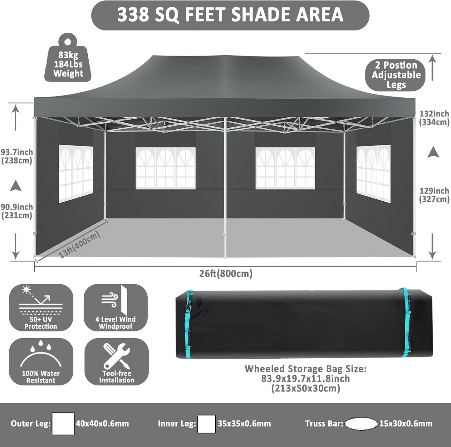 COBIZI 13x26 Pop Up Canopy with 6 Sidewall,Heavy Duty Canopy UPF 50+ All Season Wind Waterproof Commercial Outdoor Wedding Party Tents for Parties Canopy Gazebo with Roller Bag(13 x 26 ft Gray)
