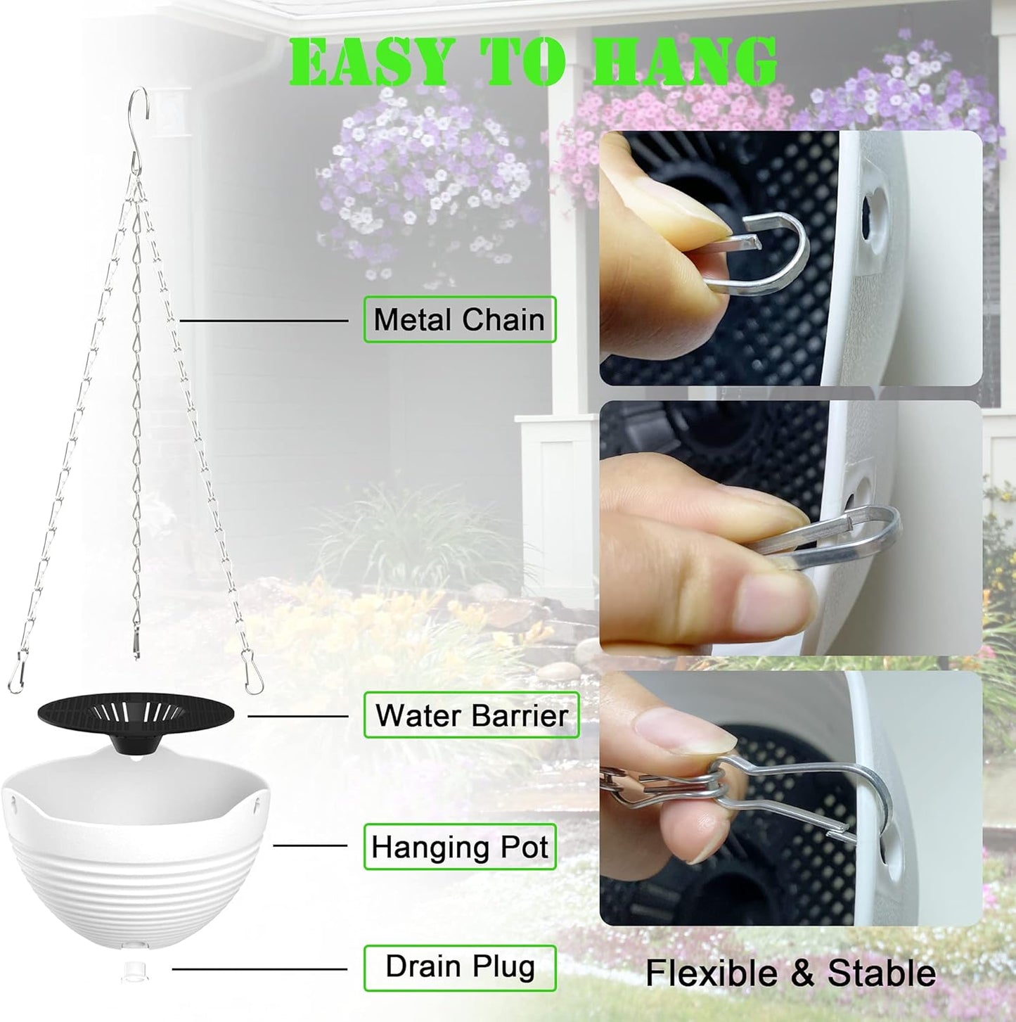 Hanging Planters, Set of 9 White Hanging Pots, 8" Hanging Flower Pots, Plant Pots with Drainage Plugs, Water Barrier and Chains, Come with Free Mini Garden Tools Set