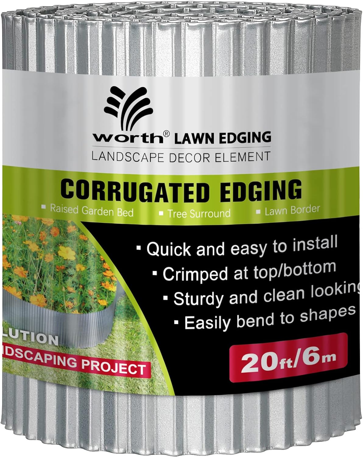 Worth Narrow-Corrugated Garden Edging, 6" x20Ft Sturdy Galvanized Steel Landscape Edging Bendable Metal Lawn Long Strips of Garden Border for Raised Flower Bed Tree Surrounds, Silver