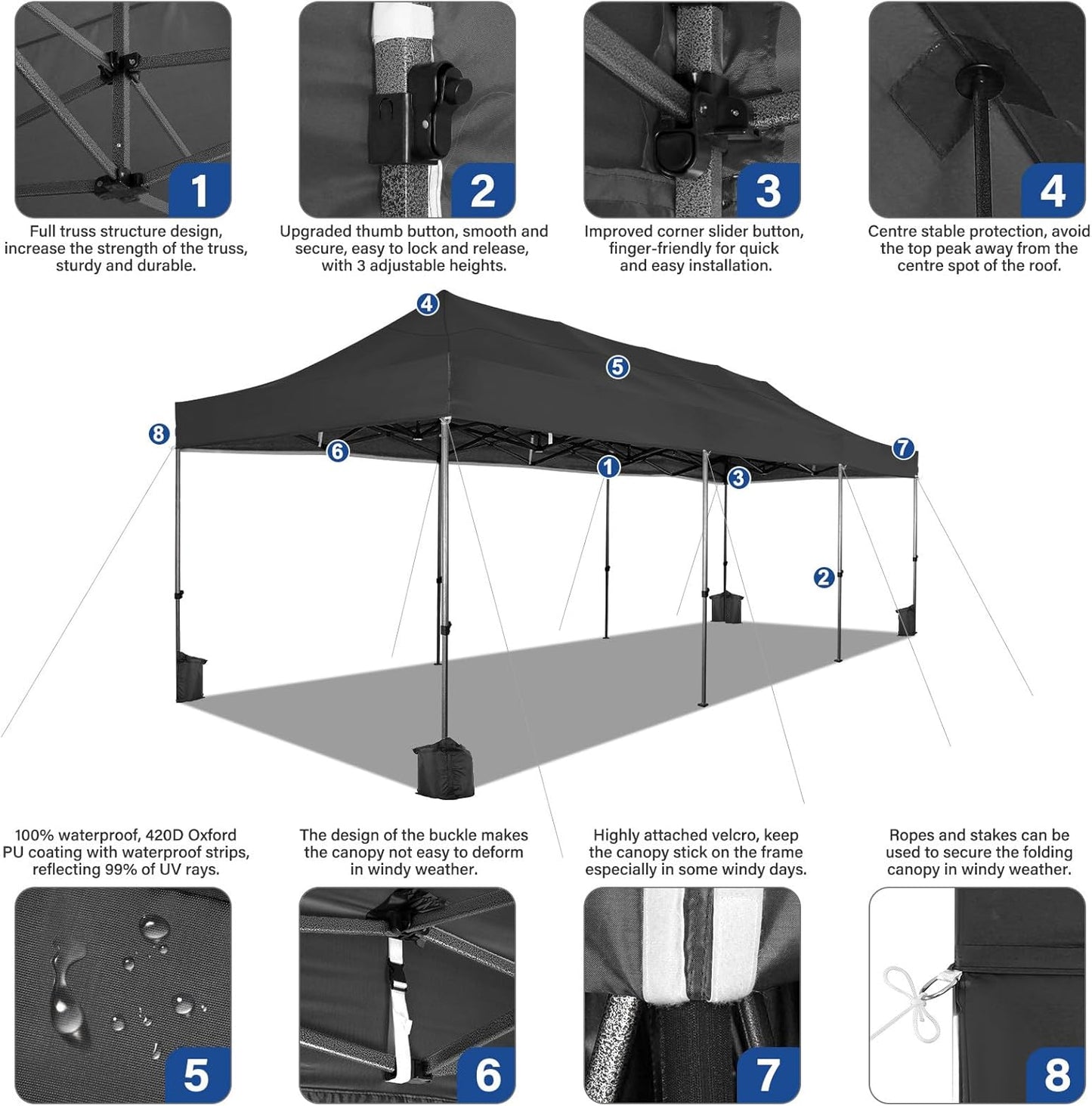 COBIZI 10x30 Pop up Canopy Heavy Duty with 8 Sidewalls, Easy Set-up Commercial Outdoor Party, 100% Waterproof Wedding Canopy Gazebo, 3 Height Adjustable with Wheeled Bag, Black