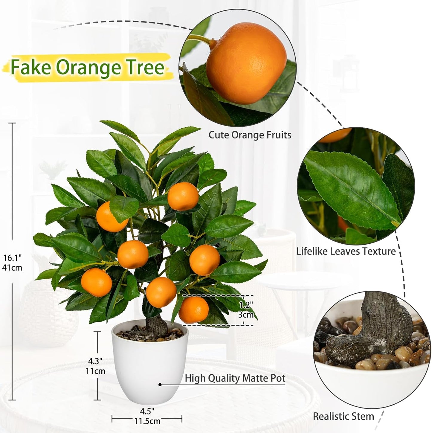 Artificial Potted Plants 16.1 inches Fake Orange Tree Artificial Citrus Fruit Plant with White Pot Faux Plants Indoor for Home,Office, Living Room Table, Desk
