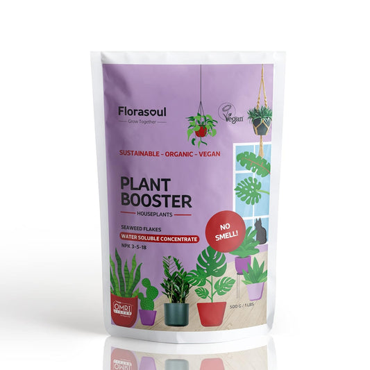 PLANT BOOSTER Indoor Plant Food Water Soluble Flakes Organic Seaweed Fertilizer NO SMELL Best House Plant Feed Eco Friendly, Certified Vegan Organic Plant Fertilizer 500g/350l