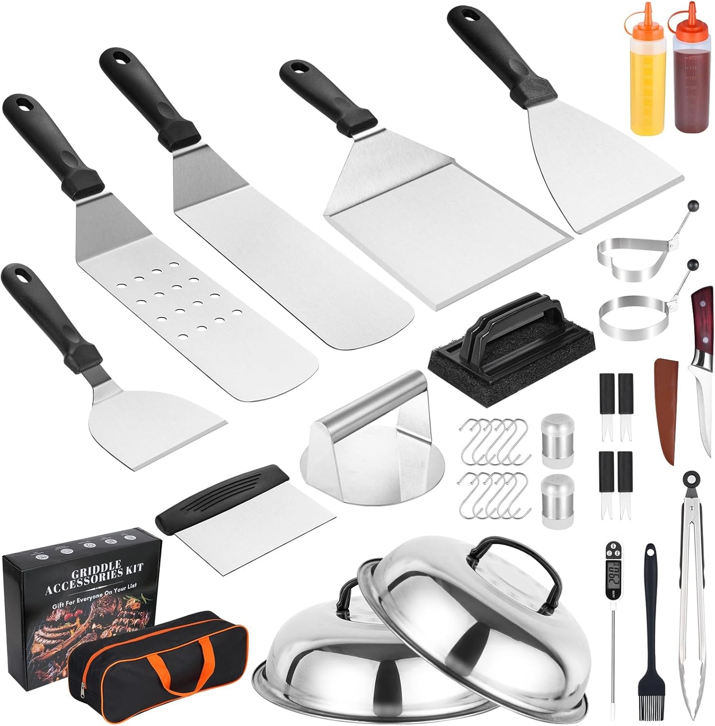 Griddle Accessories Kit,35 PCS BBQ Accessories for Blackstone and Camp Chef,Stainless Steel Flat Top Grill Accessories with Carry Bag,Griddle Dome Spatula Set with Burger Press for Outdoor