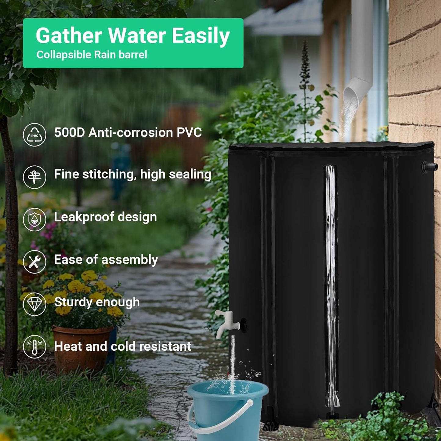 132 Gallon / 500L Collapsible Rain Barrel, Foldable PVC Water Barrels to Collect Rainwater from Gutter, Portable Water Collection System with Hose Spigot, Garden Water Catcher Collector Black
