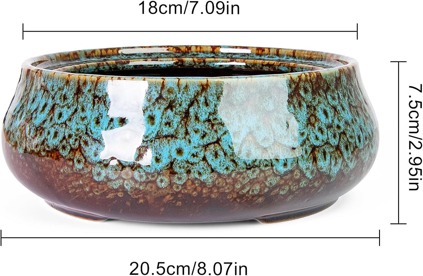 ARTKETTY Succulent Pots - 8 Inch Plant Pot, Large Bonsai Pots with Drainage, Ceramic Planters for Indoor Outdoor Plants, Round Shallow Cactus Flower Plant Container Bowl Decorative Home Garden