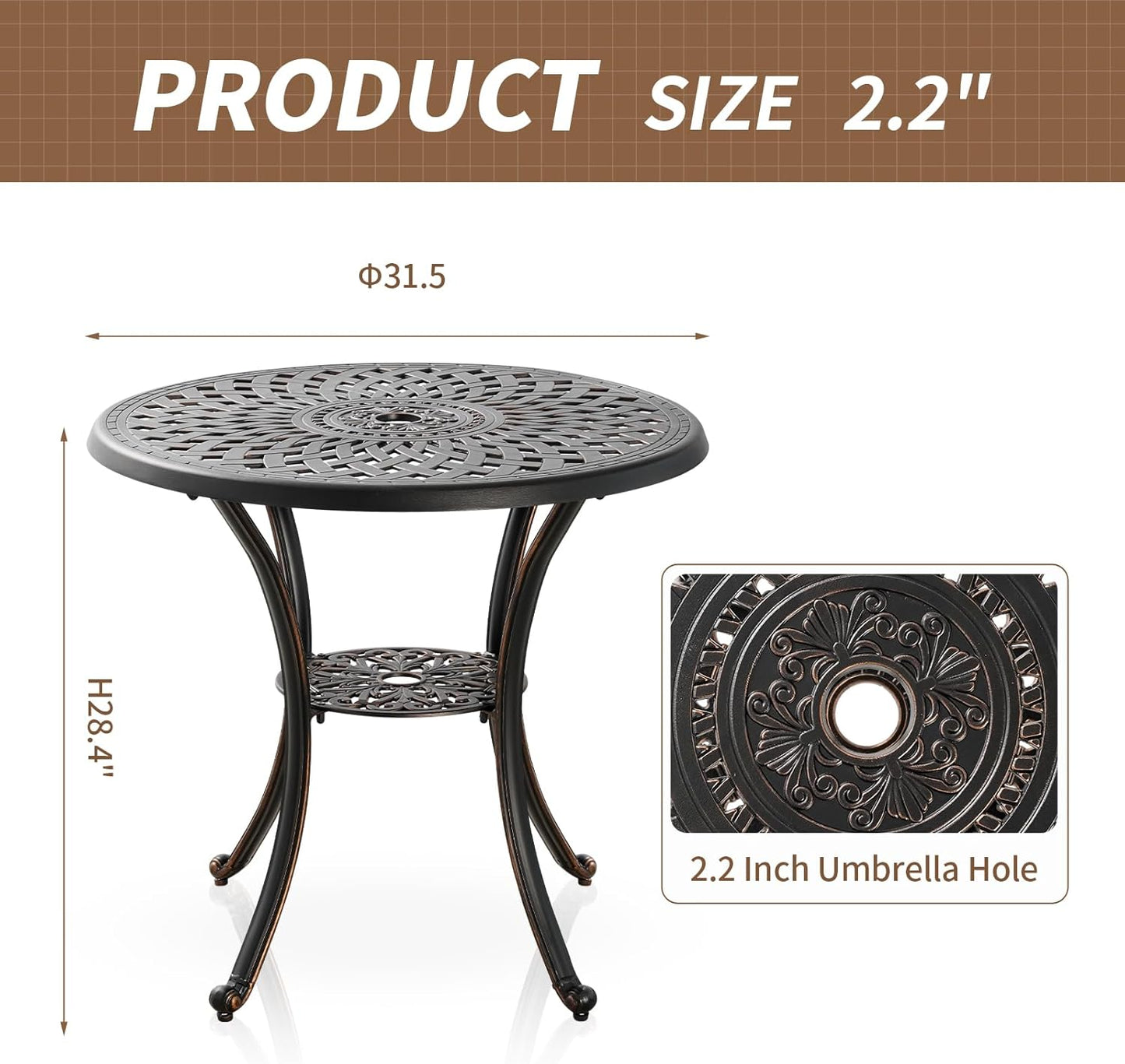 Outdoor Table Round Bistro Dining Table With Umbrella Hole for Lawn Garden, All Weather Metal Black Patio Table (31.5", Round), Bronze