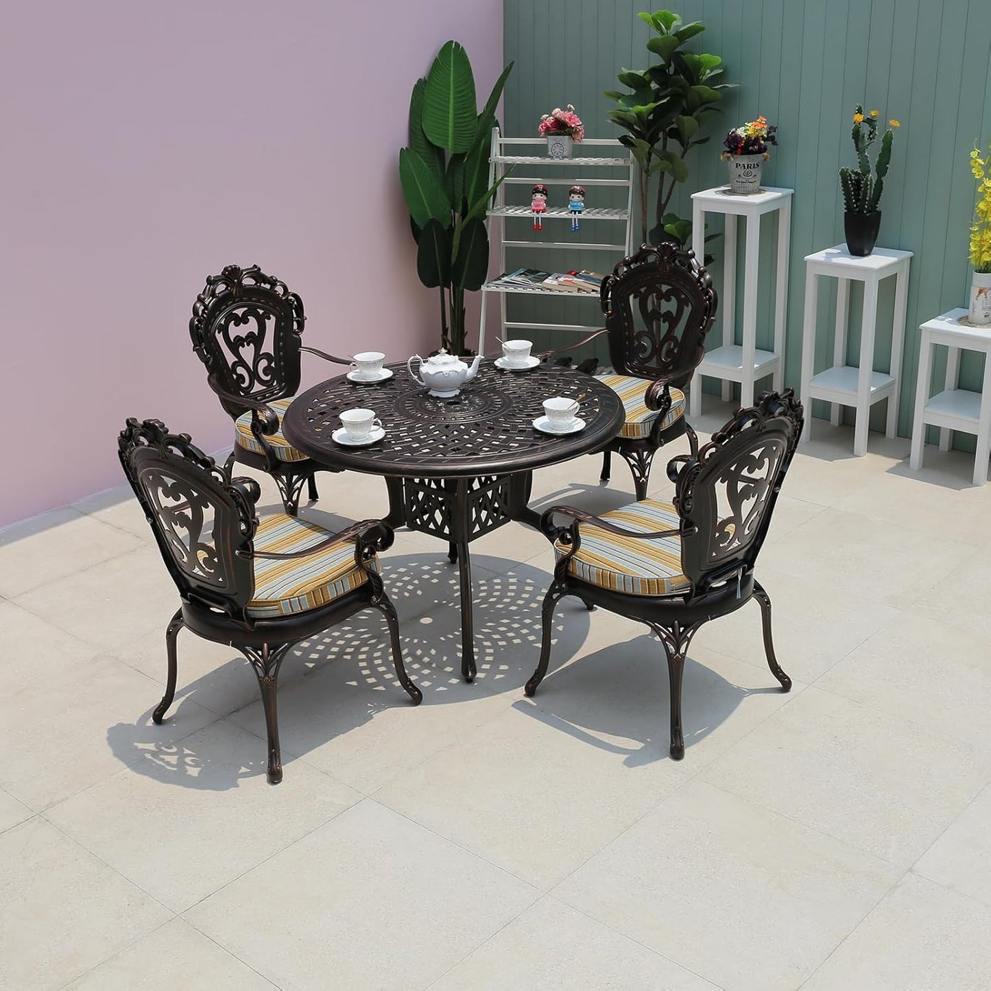 Outdoor Table Cast Aluminum Round Patio Table with Umbrella Hole All Weather Outdoor Dining Tables for Lawn Garden Backyard (106cm Woven Round Table)