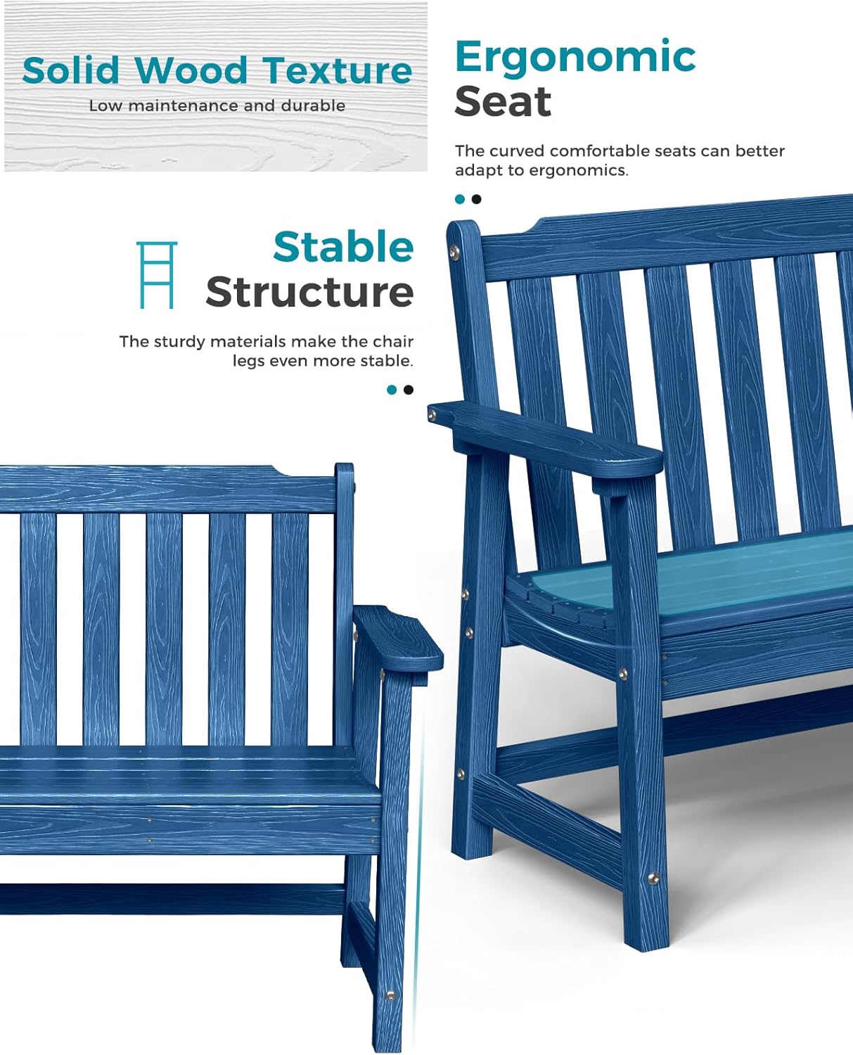 Outdoor Bench, 2-Person HDPE Garden Bench, All Weather Poly Patio Bench for Outdoors, Garden, Backyard, Porch and Park, 660 lbs Weight Capacity, Navy Blue