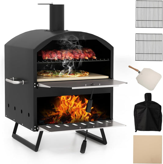 Happygrill Pizza Oven Outdoor, 16” 2-Layer Wood Fired Pizza Maker with Stone, Peel & Grill Racks, Portable Burning Stove with Folding Legs and Cover for Camping Patio Backyard BBQ