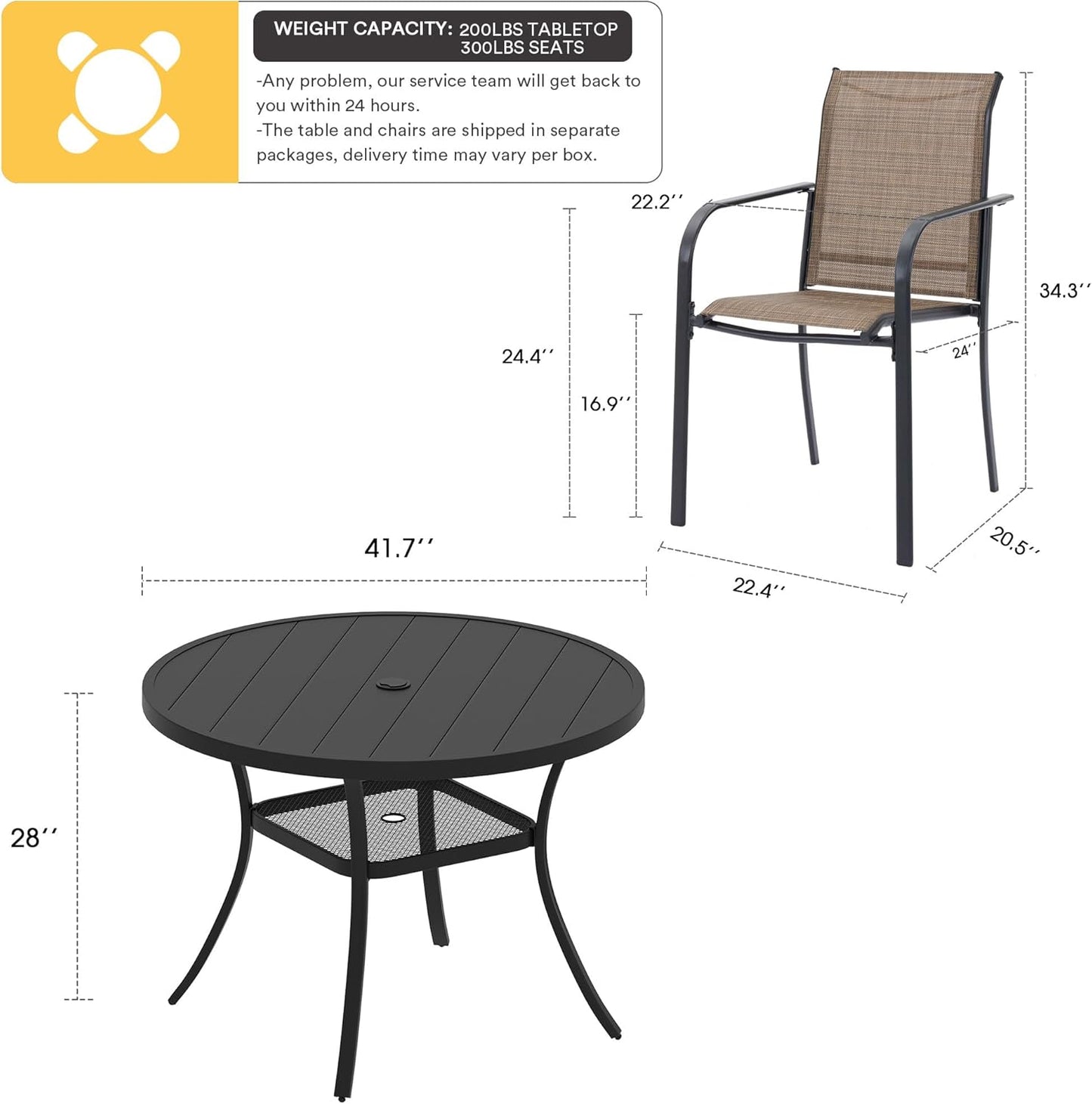 VICLLAX Patio Dining Set for 4, Outdoor Furniture Set Includes 41.2" Round Patio Table and 4 Patio Sling Chairs, Black Tabletop and Brown Fabric