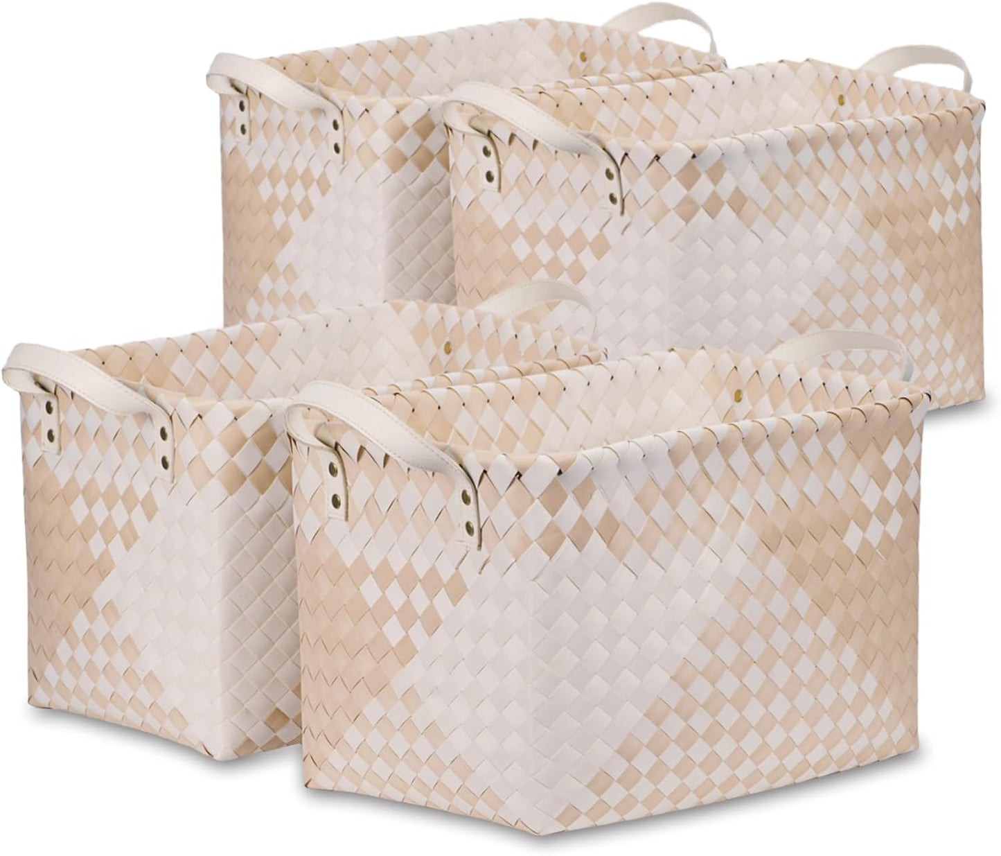 BROWNLILY Handwoven Clothes Basket Laundry Hampers Large Wicker Storage Baskets for Shelves Blankets Closet Storage Bins Car Bedroom Bathroom Organizers and Storage (Pack of 4, Khaki & Ivory White)