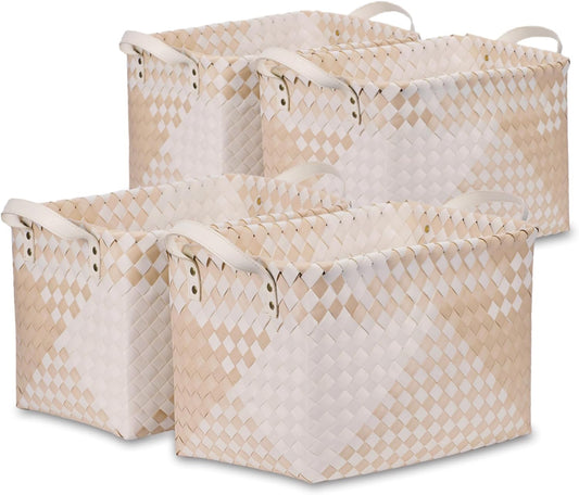 BROWNLILY Handwoven Clothes Basket Laundry Hampers Large Wicker Storage Baskets for Shelves Blankets Closet Storage Bins Car Bedroom Bathroom Organizers and Storage (Pack of 4, Khaki & Ivory White)