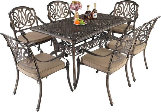 Outvita 59inch Patio Dinning Set, Outdoor Cast Aluminum Large Rectangle Table with Umbrella Hole and 6 Pieces Dining Chairs with Cushion for Backyard Pool Balcony Deck