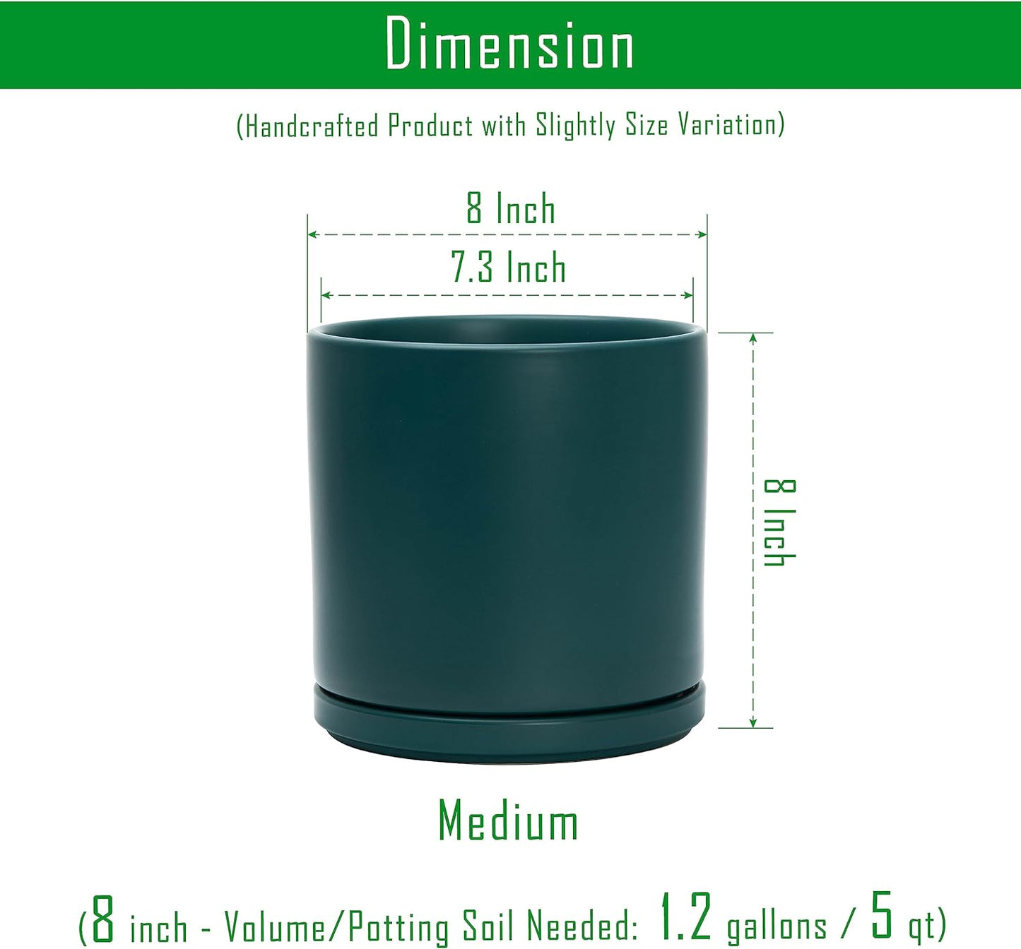 D'vine Dev 8 Inch Ceramic Planter Pot with Drainage Hole and Saucer, Indoor Cylinder Round Planter Pot, Teal, 94-O-D-9