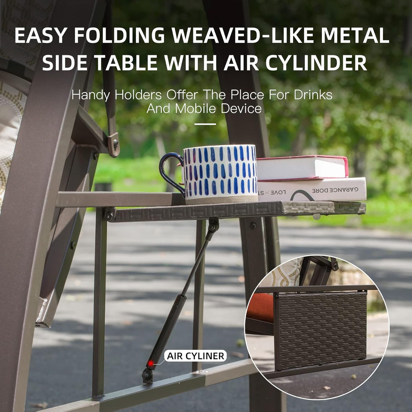 Domi Porch Outdoor Patio Swing with Adjustable Hardtop Polycarbonate Canopy, 2-seat Swing Chair Bench with Solar LED Light for Backyard Yard Poolside Porch Lawn, Cushion and Pillows Included