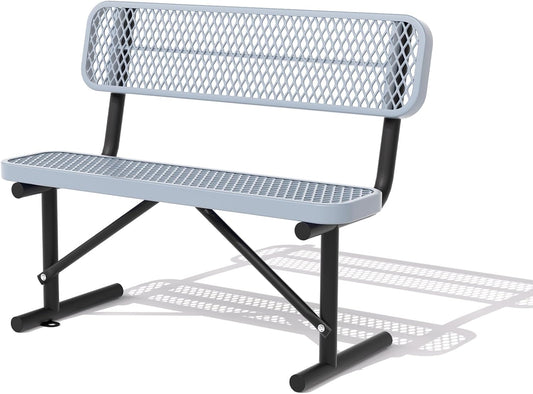 4 Feet Heavy Duty Metal Park Bench for Outside, Outdoor Bench with Backrest & Portable Frame, Commercial Benches for Shopping Malls, Stores, Parks, Patios, Decks, Grey