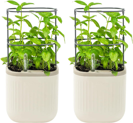 Vego garden Mini Planter Indoor Pots with Trellis Self-Watering Herb Countertop Planter for Climbing Vegetables Flowers Mint Plants Cage 2 Pack- Cream White