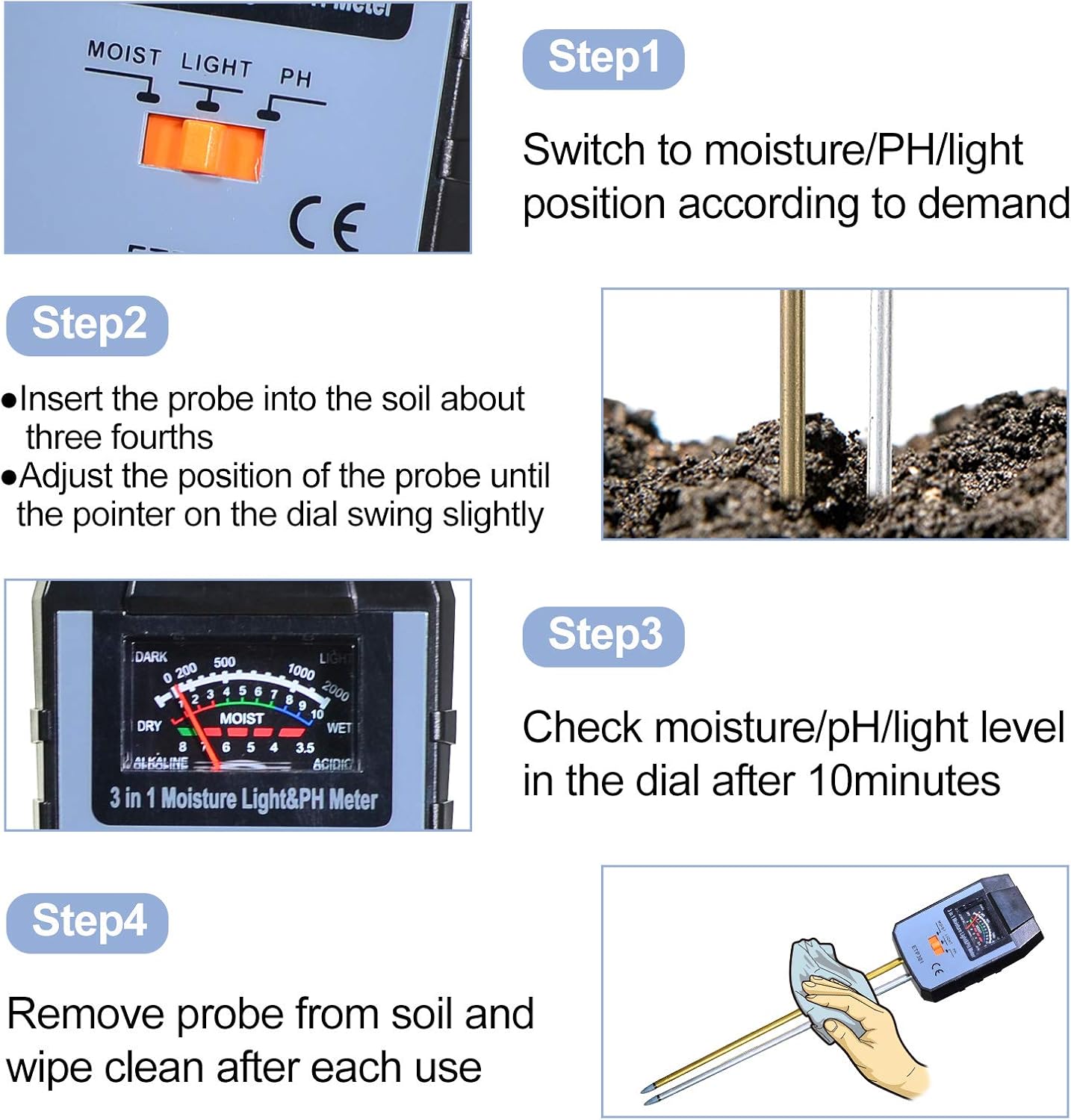 allsun 3 in 1 Soil Monitoring Meter Moisture/Light/PH Tester for Garden Farm Plants, No Battery Needed