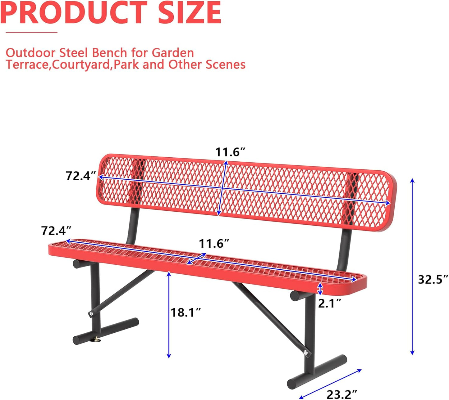 6FT Park Bench for Outside, Heavy-Duty Garden Bench W/ Back, Red Outdoor Metal Bench for Sitting Area, Commercial Bench for School Patio Porch Backyard Sports Church Locker Room Shopping Centers