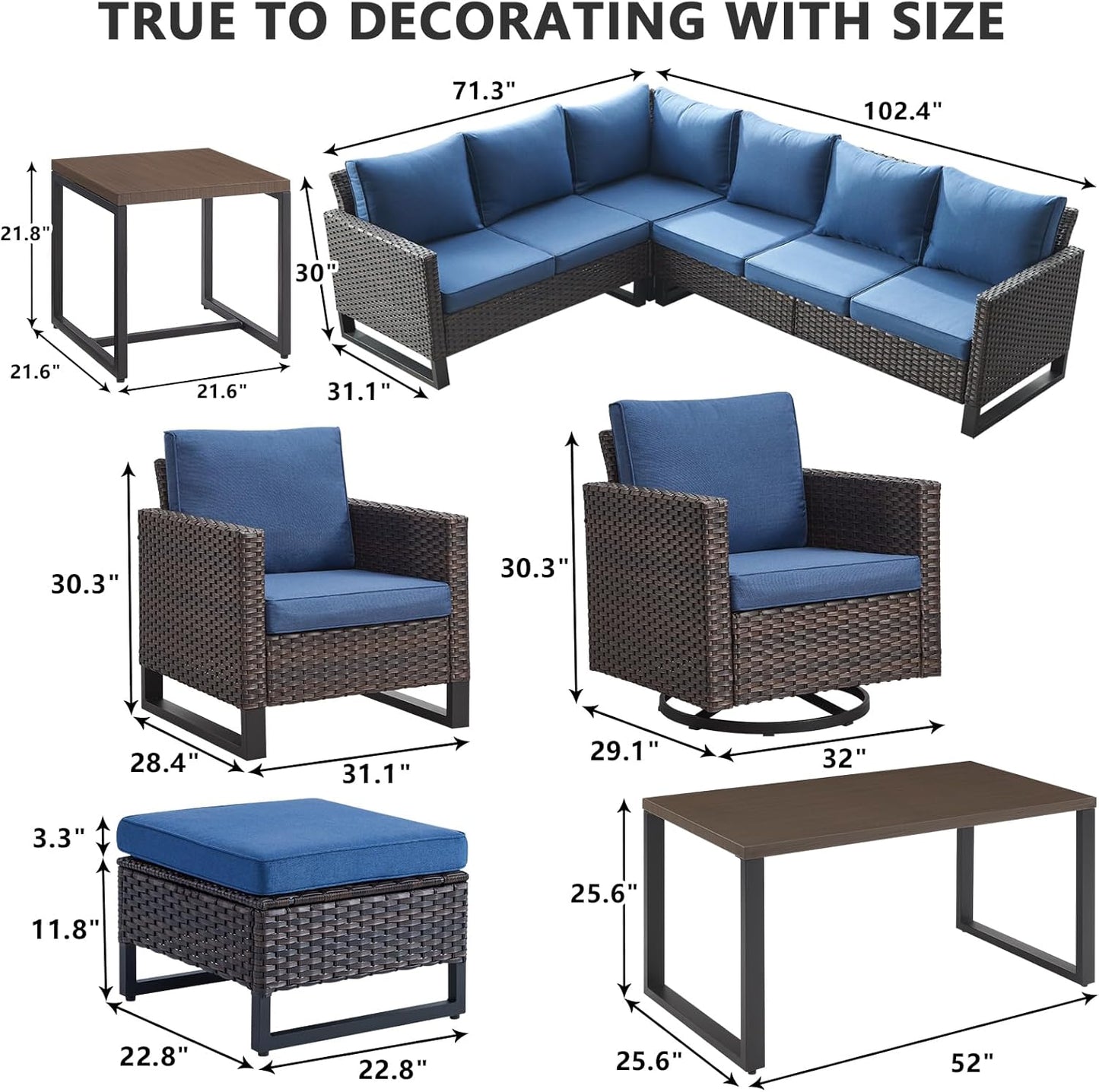 HUMMUH 10 Piece Patio Furniture PE Wicker 6-Seater Outdoor Sectional Sofa with Dinning Table Patio Swivel Chairs Outdoor Chairs for Porch,Garden,Backyard,Deck(Brown/Blue)