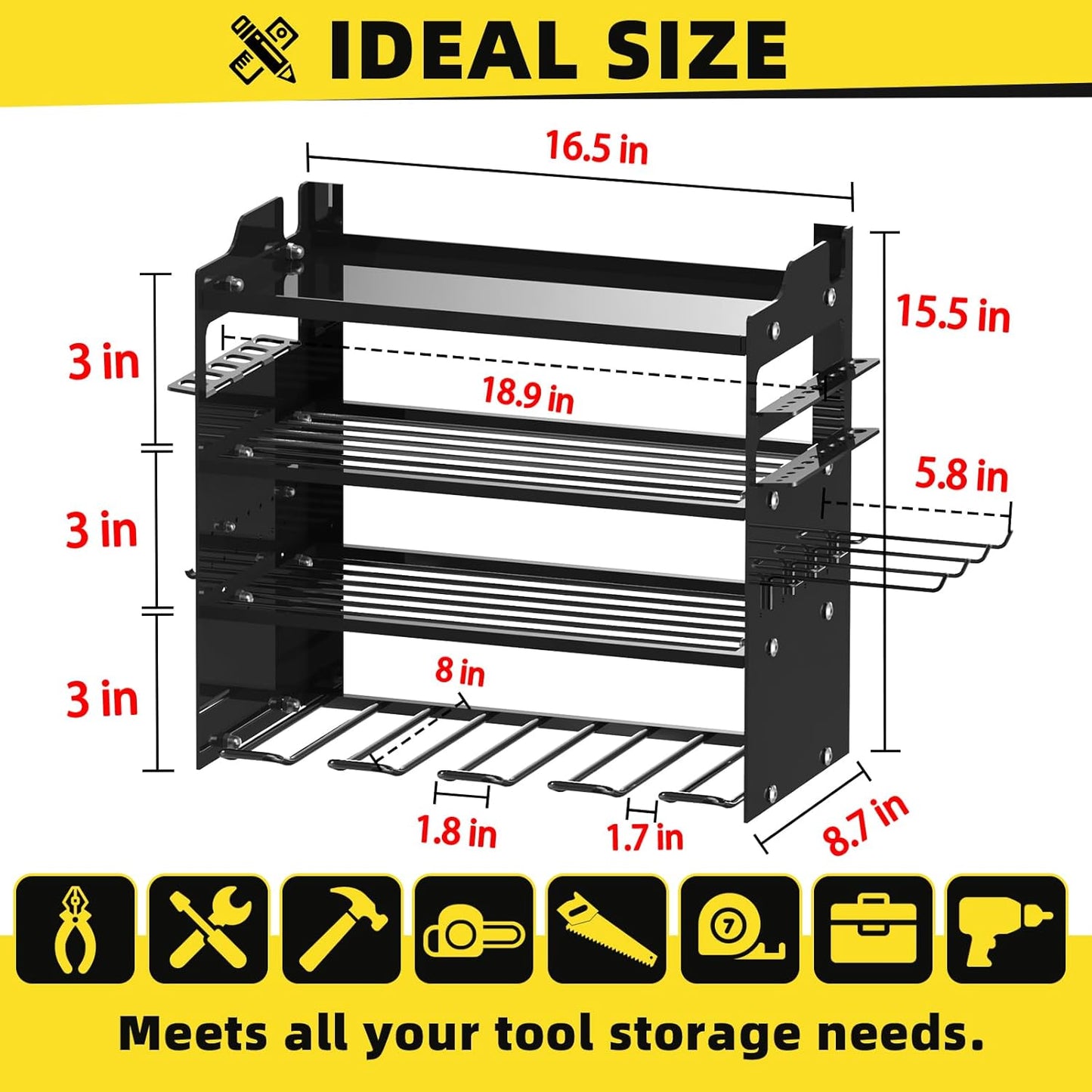 Power Tool Organizer Wall Mount with 4-Drill Holders-400Lbs Load Heavy Duty Metal 4-Layers Garage Storage & Organization Battery Tools Rack with Side Panels Utility Racks Workshop Gifts for Men