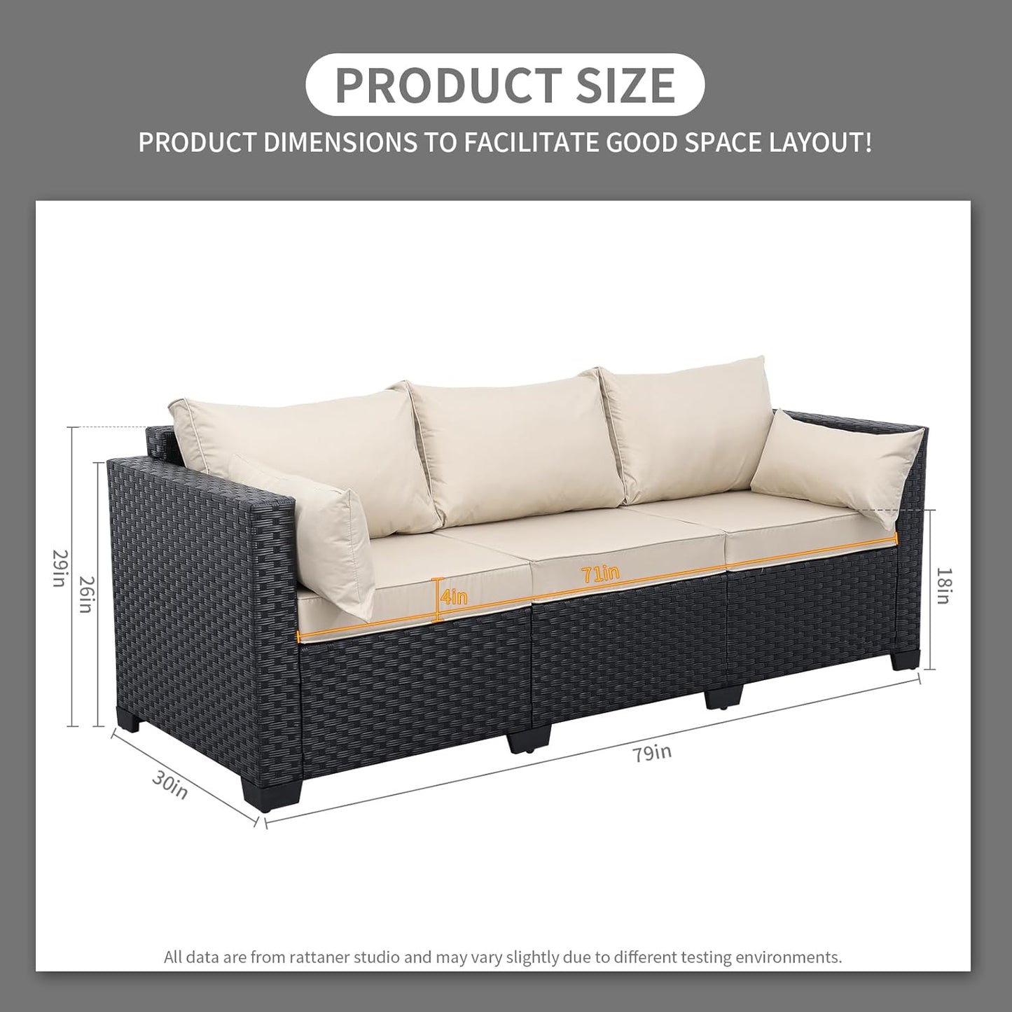 Rattaner Patio Furniture 3-seat Sofa Wicker Outdoor Furniture Outdoor Couch Deep Seat Hight Backrest Waterproof Cover Anti-Slip Cushions, Khaki