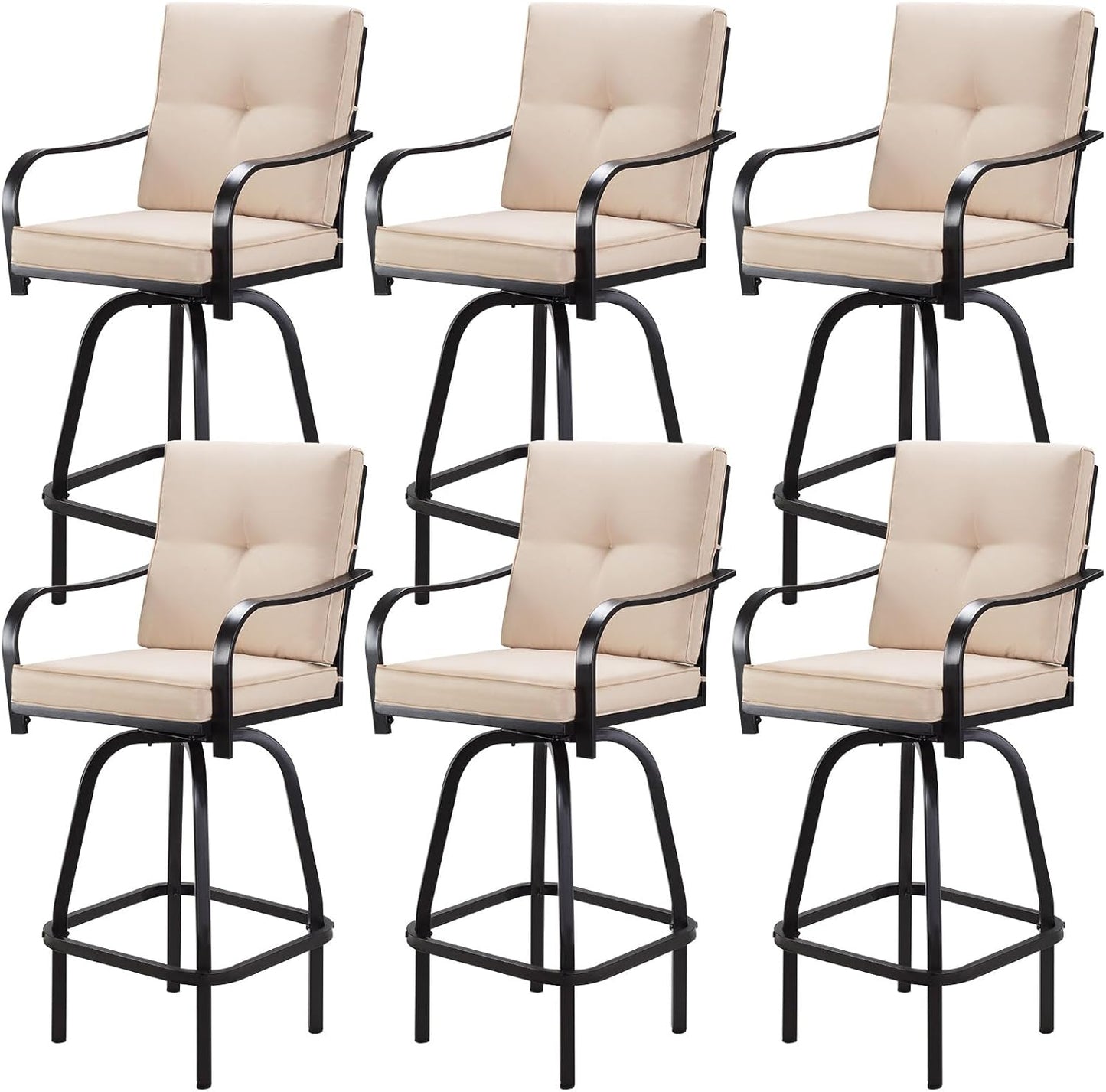 Patio Swivel Bar Stools Set of 6, Outdoor Bar Height Patio Swivel Chairs with Cushion for Garden Balcony Backyard (Beige)