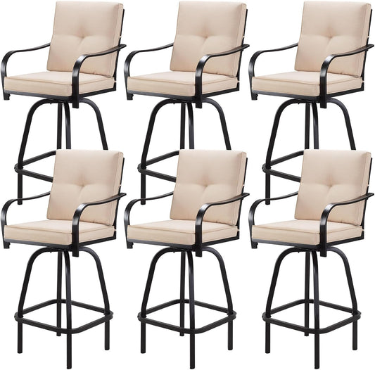 Patio Swivel Bar Stools Set of 6, Outdoor Bar Height Patio Swivel Chairs with Cushion for Garden Balcony Backyard (Beige)