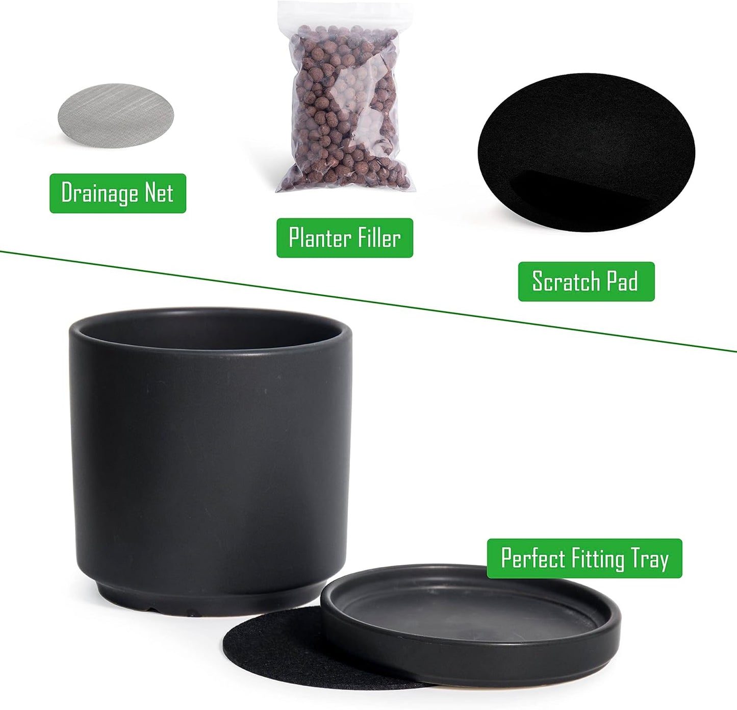 D'vine Dev Set of 2 Plants Pot, 4.6 Inch Ceramic Planter Pot for Plants with Drainage Hole and Saucer, Black, 94-V-B-2