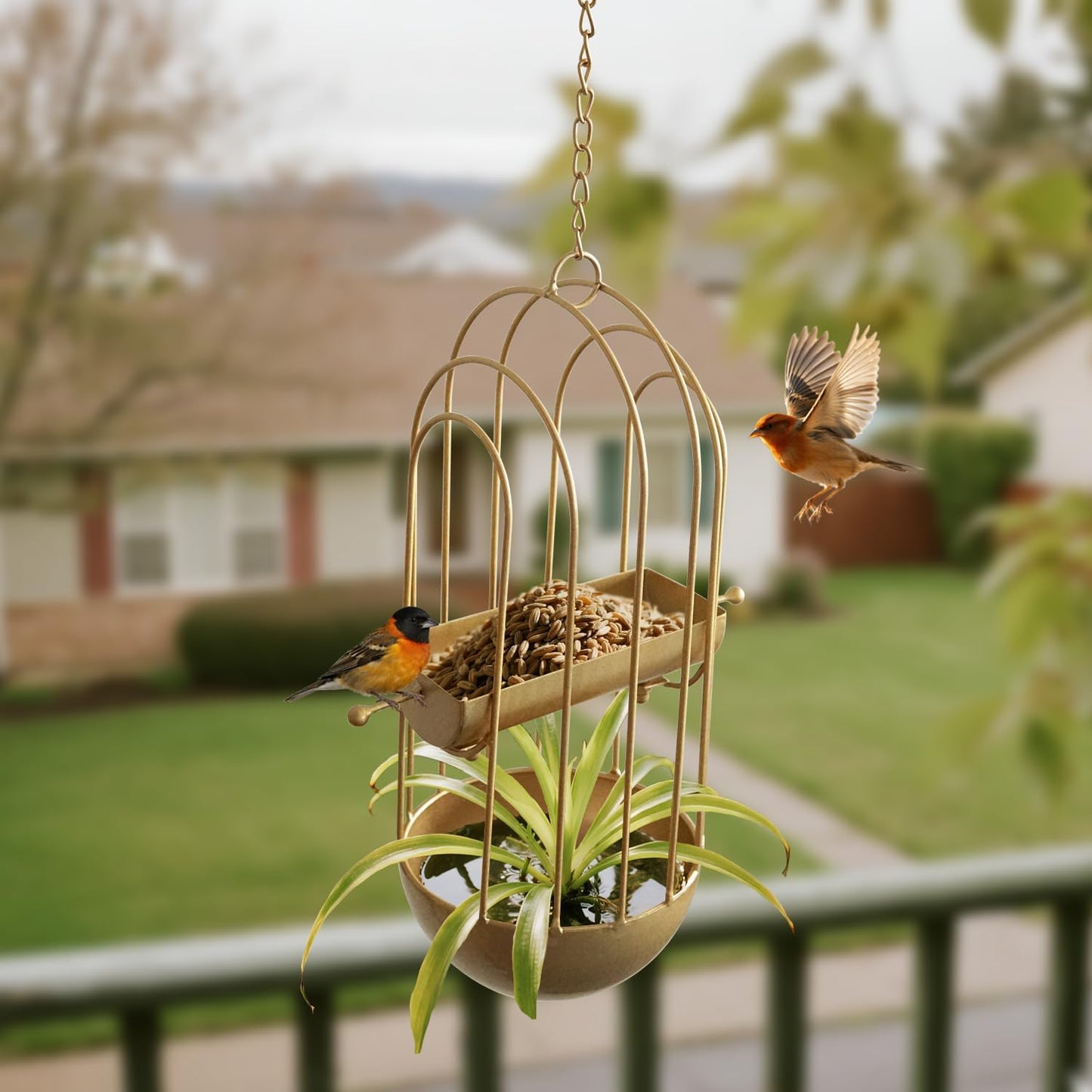 Haing Bird Feeder for Wild Birds, Metal Birdbath for Outdoods Garden Outside (Golden)