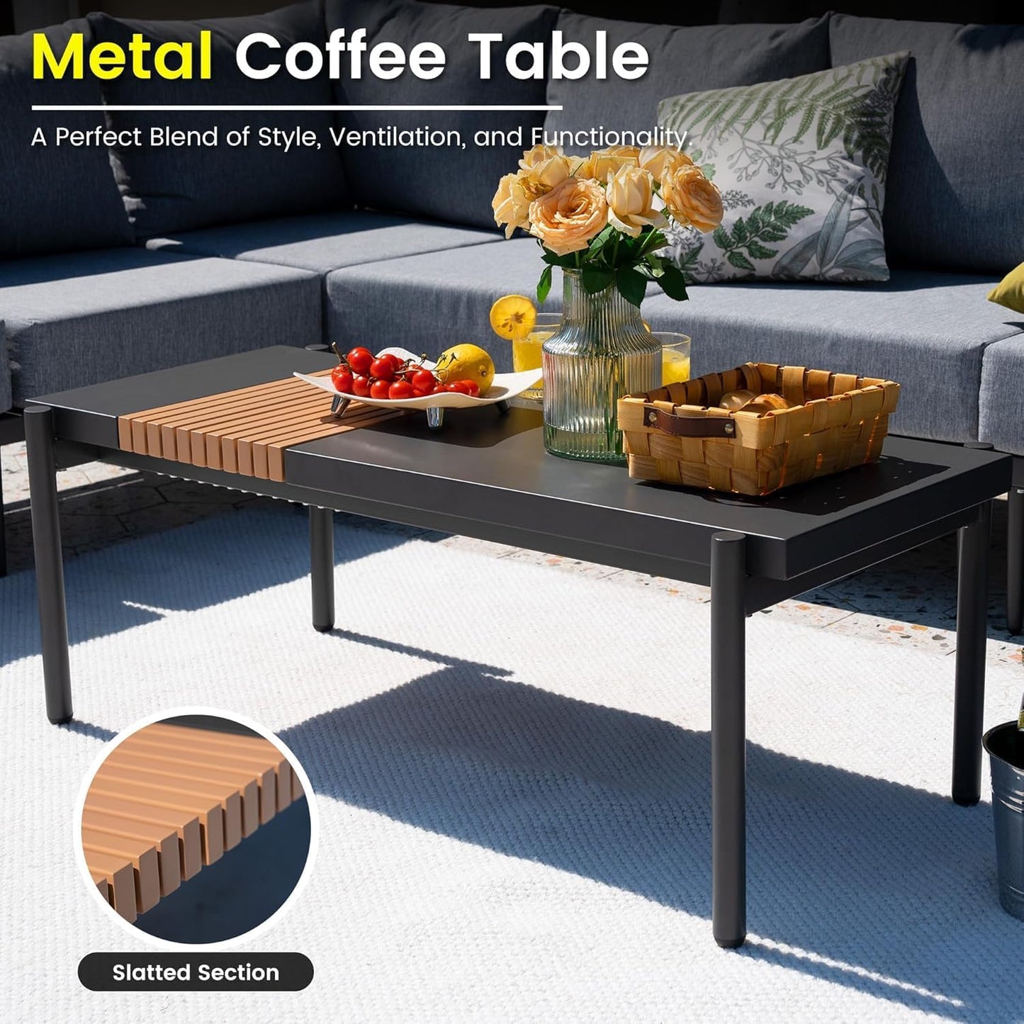Sundale Outdoor Modern Metal Outdoor Coffee Table with Slatted Wood-Look Tabletop Design, Weather-Resistant Patio Side Table for Garden, Balcony, Poolside(Grey)