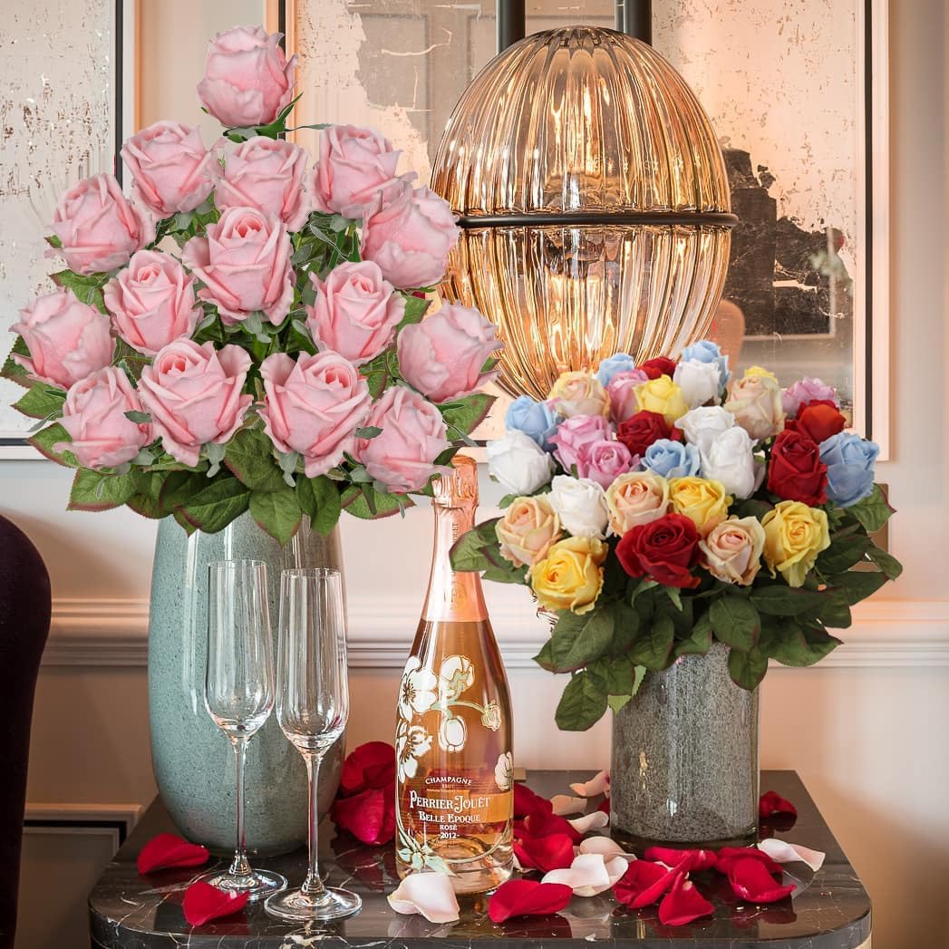 Artificial Realistic Roses Pale Pink Flowers 24" Real Touch Silk Roses Bouquet Long Stems Rose Fake Roses Decor for Home Party Wedding Table Centerpieces Roses Realistic - 5 Pcs