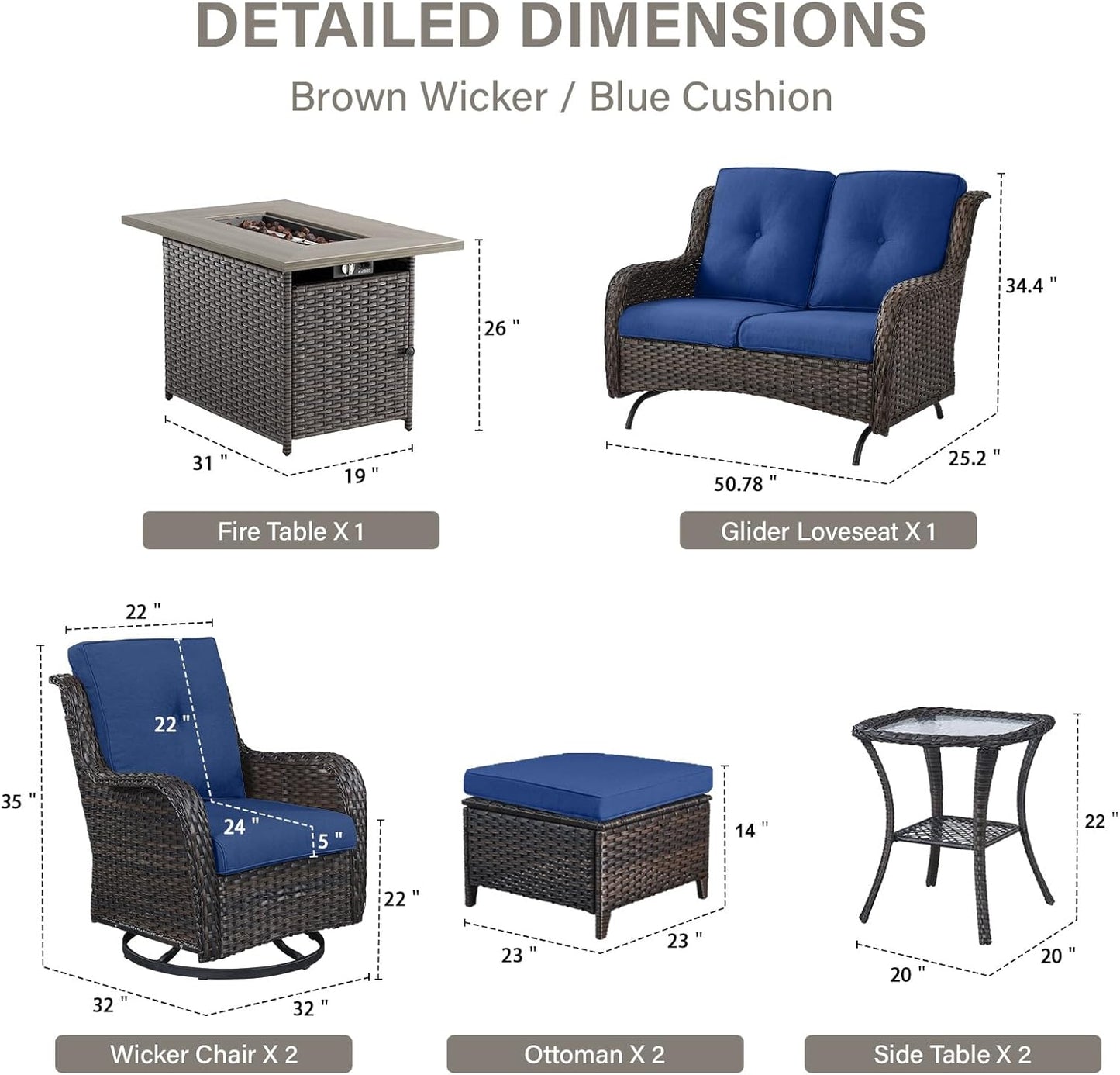 8 Piece Outdoor Patio Furniture Set - 41" CSA Propane Fire Pit Table Patio Conversation Set with Swivel Rocker Outdoor Chairs, Wicker loveseat and Ottoman for Outside Casual Gathering