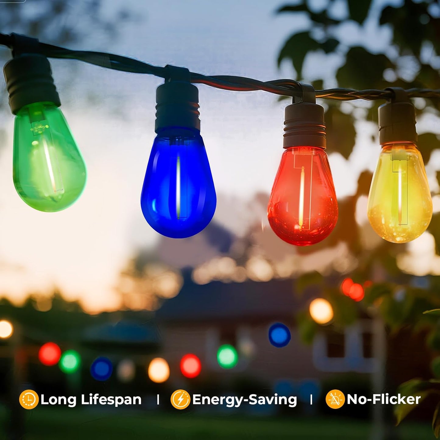 15 Pack S14 Colored LED String Light Bulbs, 1W Plastic Shatterproof Replacement Bulbs for Outdoor Patio Backyard Lights, E26 Medium Base, Dimmable, Warm White 2200K, Red/Green