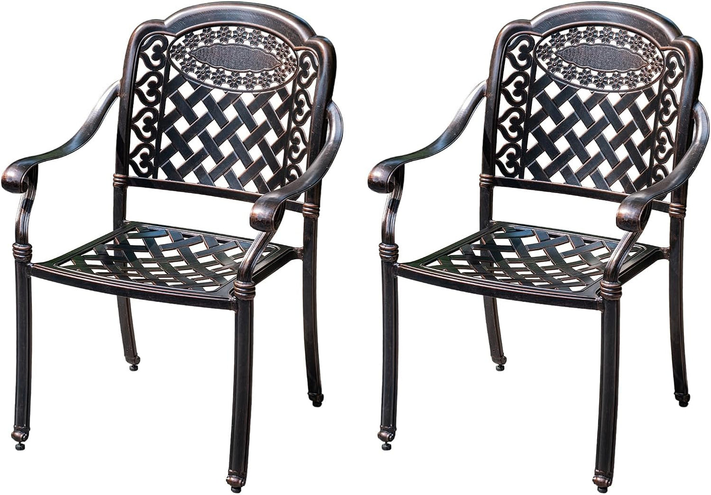 Outdoor Dining Chair Cast Aluminum Patio Chairs Set of 2 All-Weather Patio Dining Chair with Adjustable Feet for Backyard Garden (Slanted Grid Square Chair)