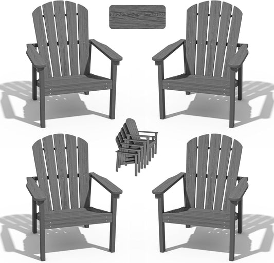 Stackable Adirondack Chair Set of 4, HDPE Outdoor Patio Chair - Durable and Space Saving, Suitable for Porches, Lawns or Garden, Grey
